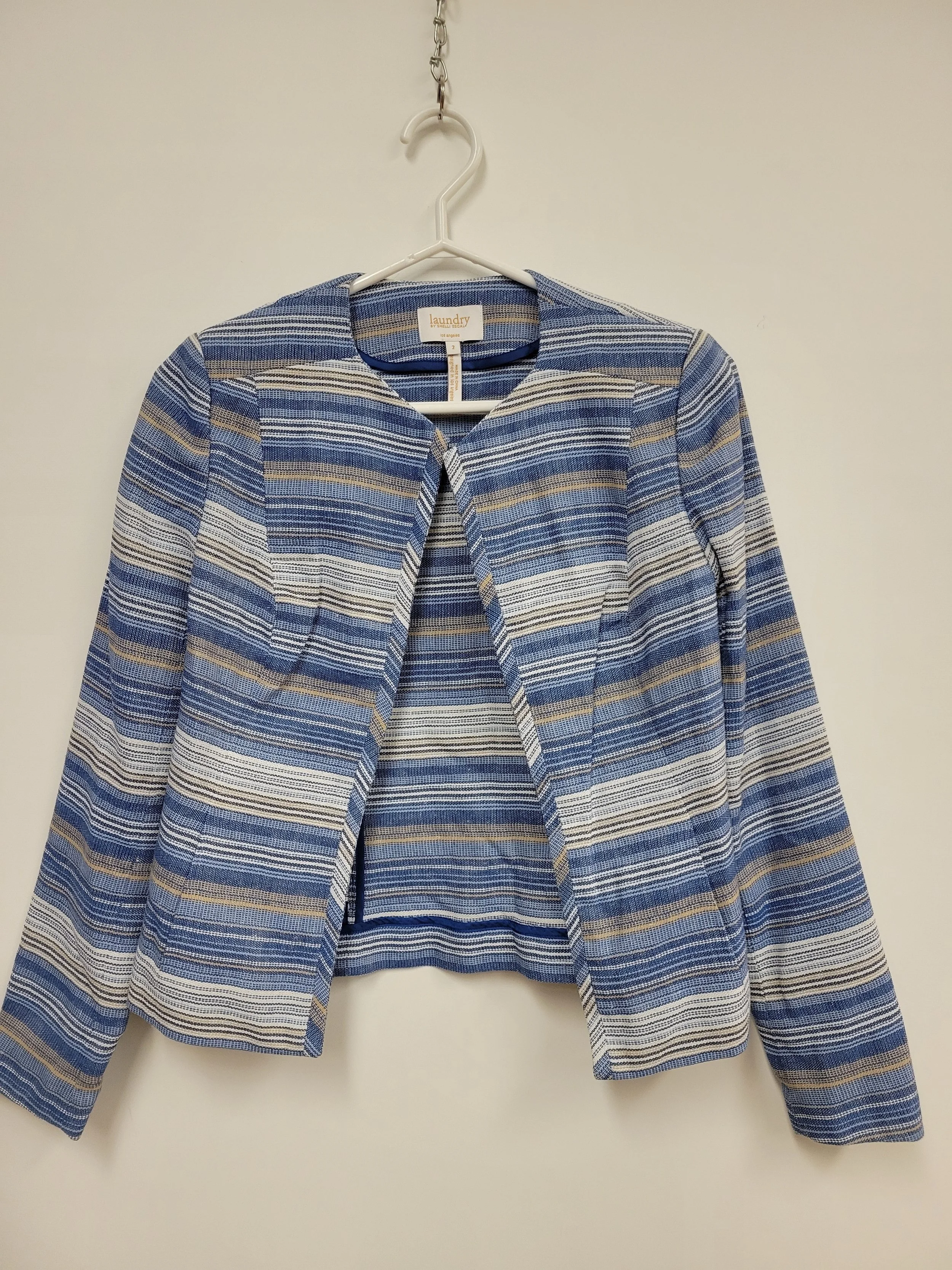 Veston en coton et polyester, ligné bleu, blanc et beige, LAUNDRY by Shelli Segal, Taille 2