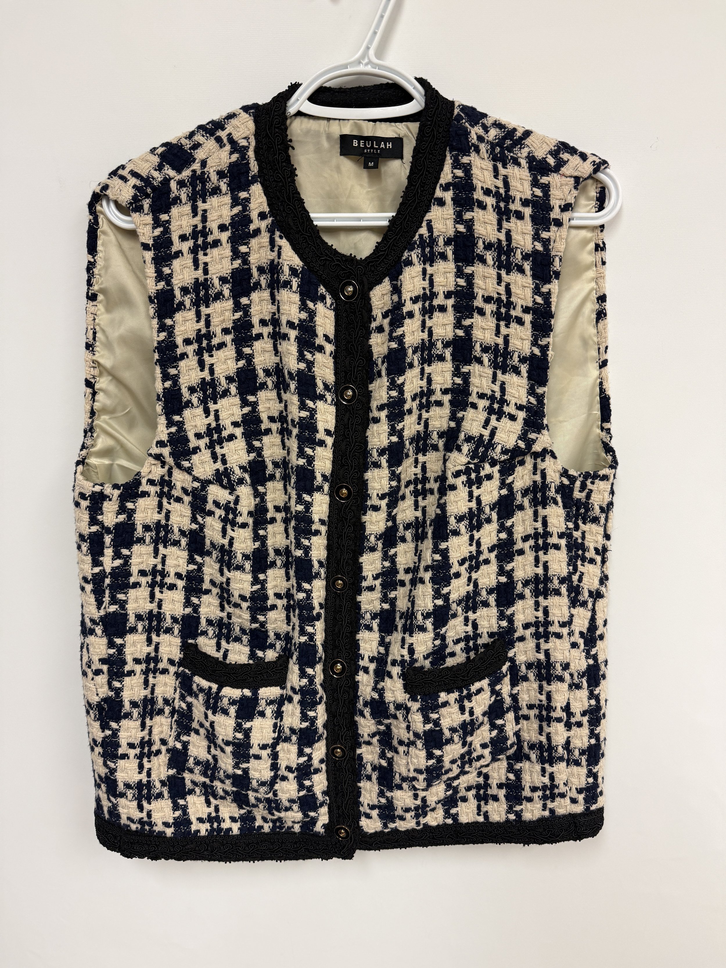 Veste en tweed bouclé bleu marin et crème, motif pied-de-poule agrandi, Beulah, Medium