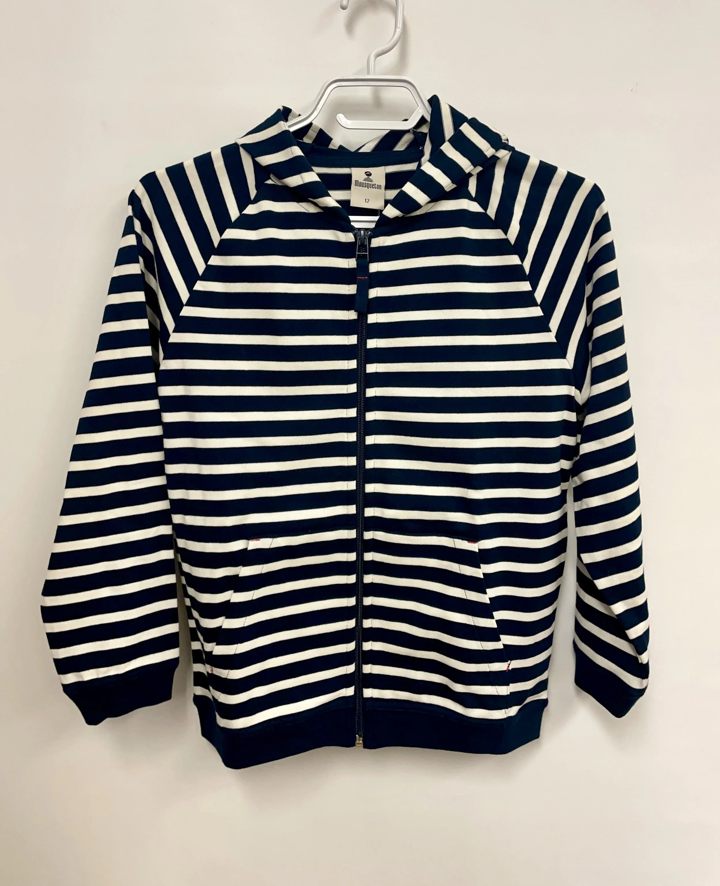NEUF, chandail à capuchon marine et blanc, MOUSQUETON KID, en cotton, 12 ans.