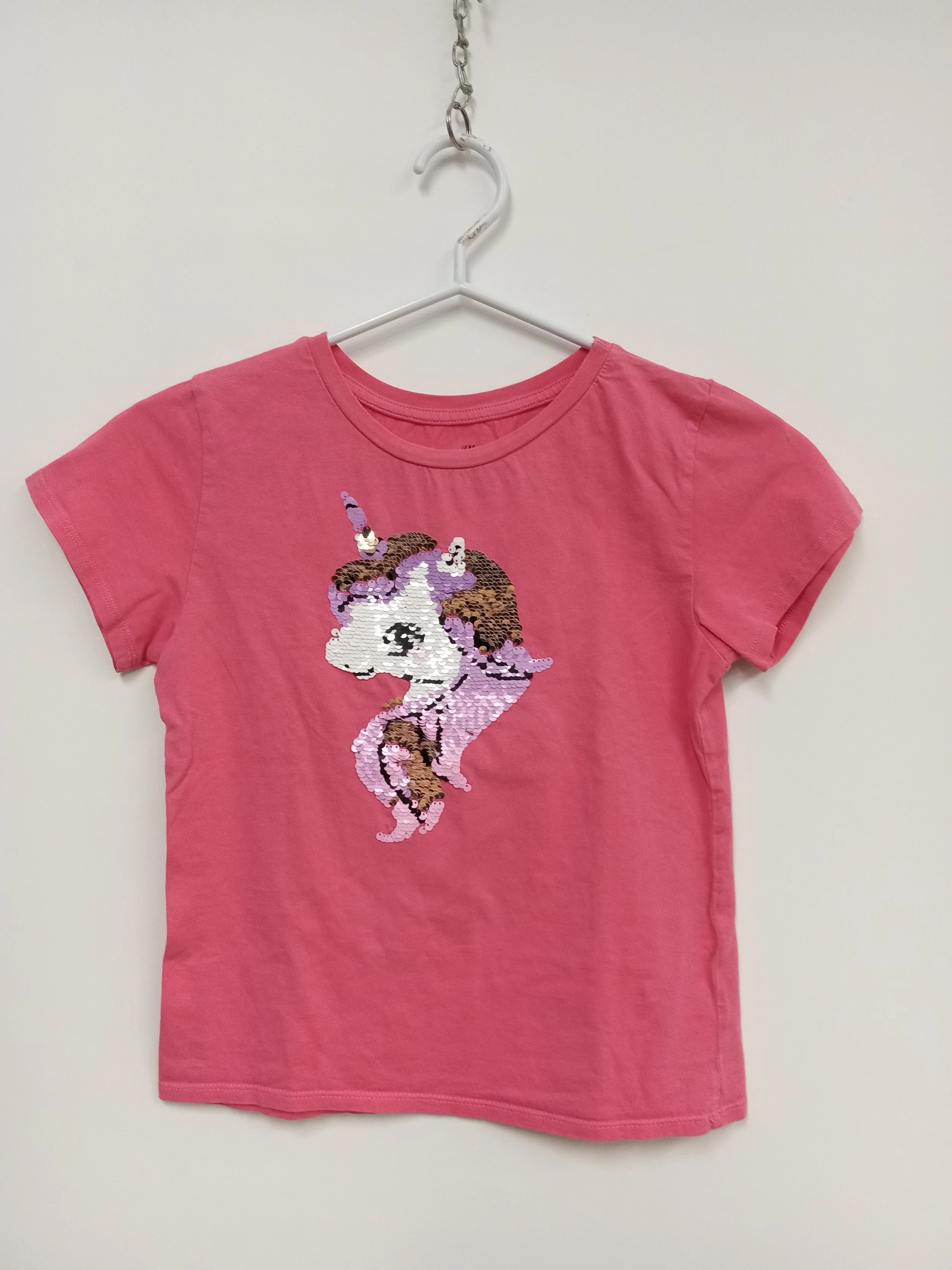 T-Shirt rose, Logo de licorne (paillettes), H&M, Taille 8-10