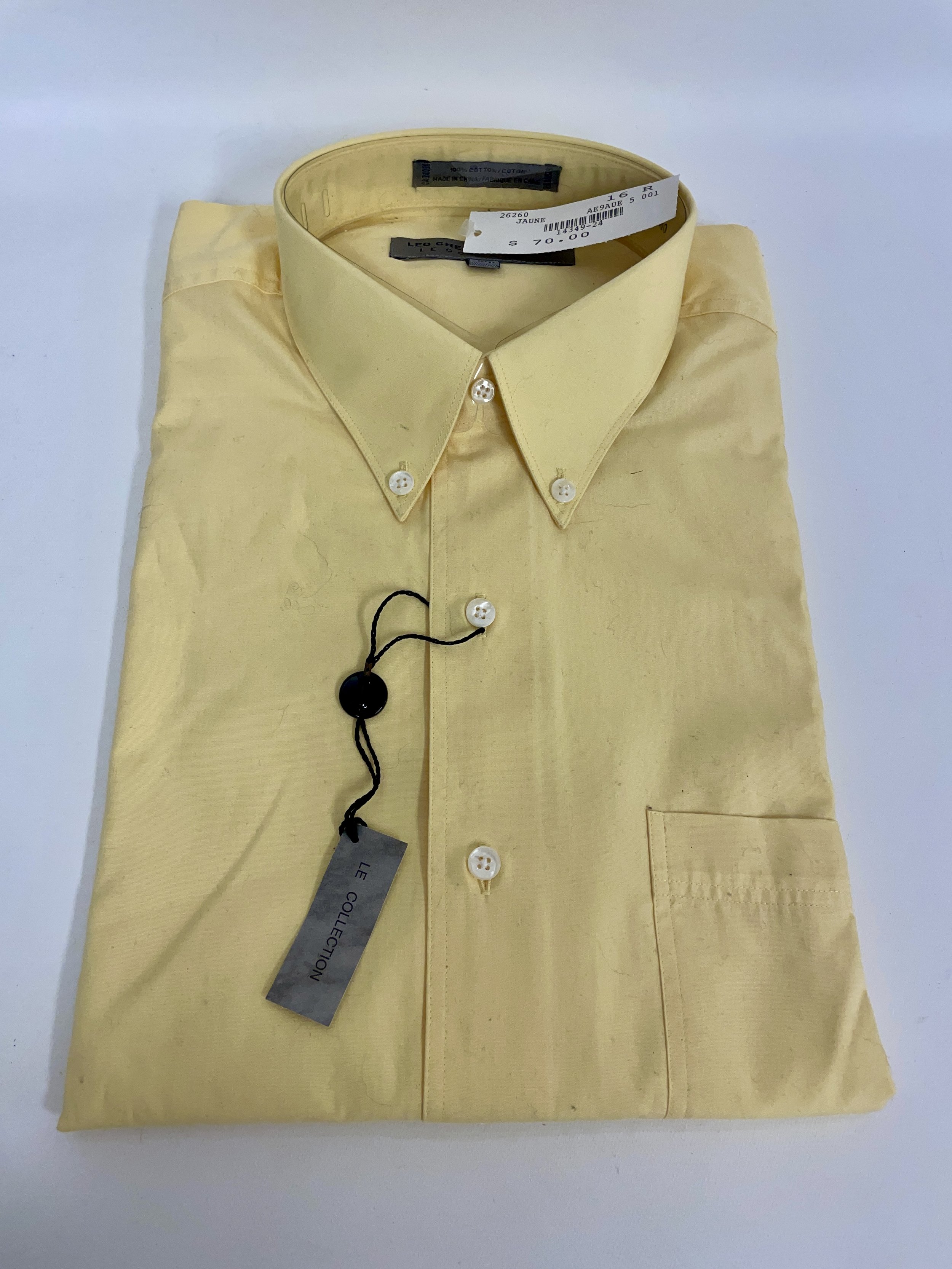 NEUF, chemise jaune manches longues, LEO CHEVALIER, 100% cotton, valeur 70$, 16 32/33.
