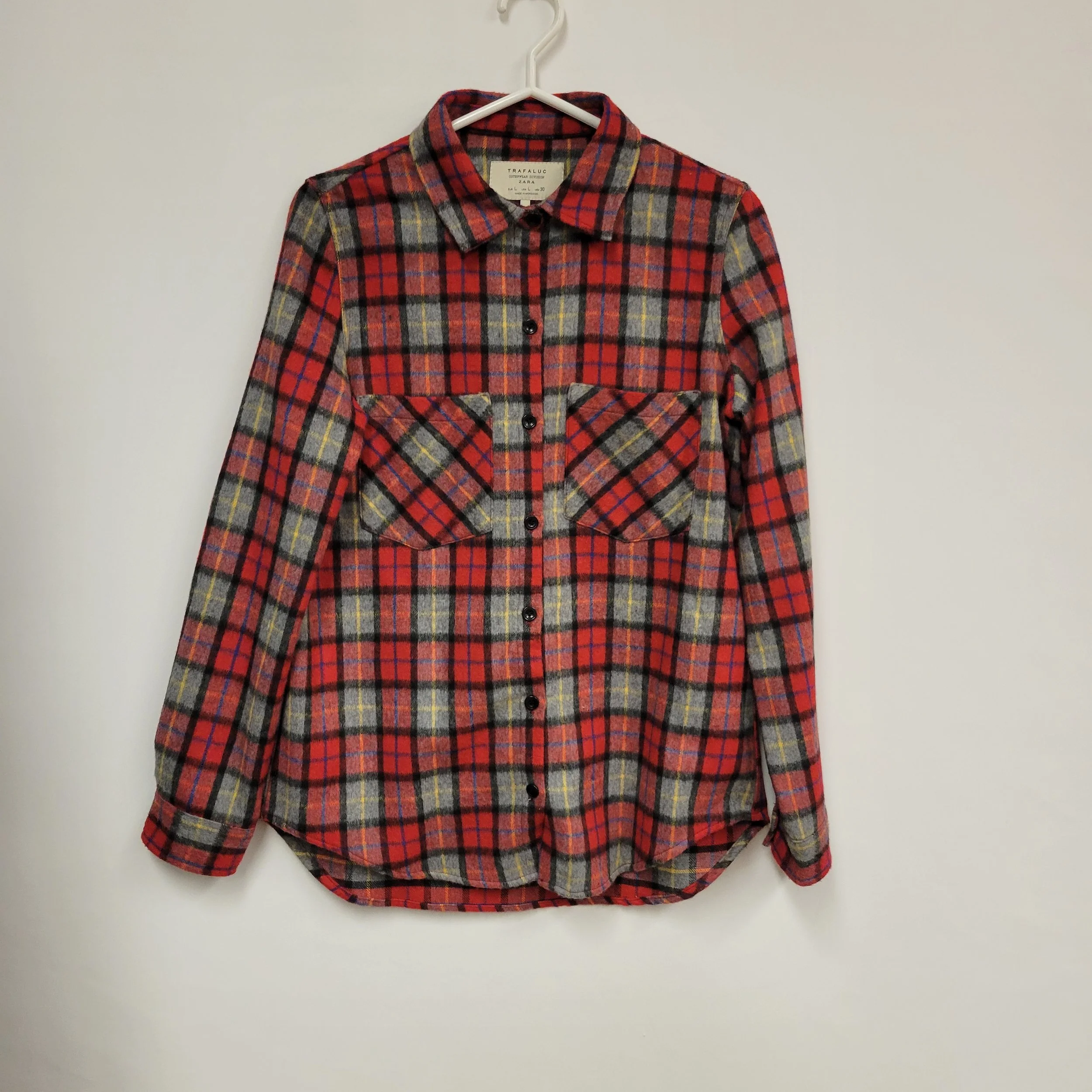 Chemise à carreaux rouge et gris 30% laine, Zara, L