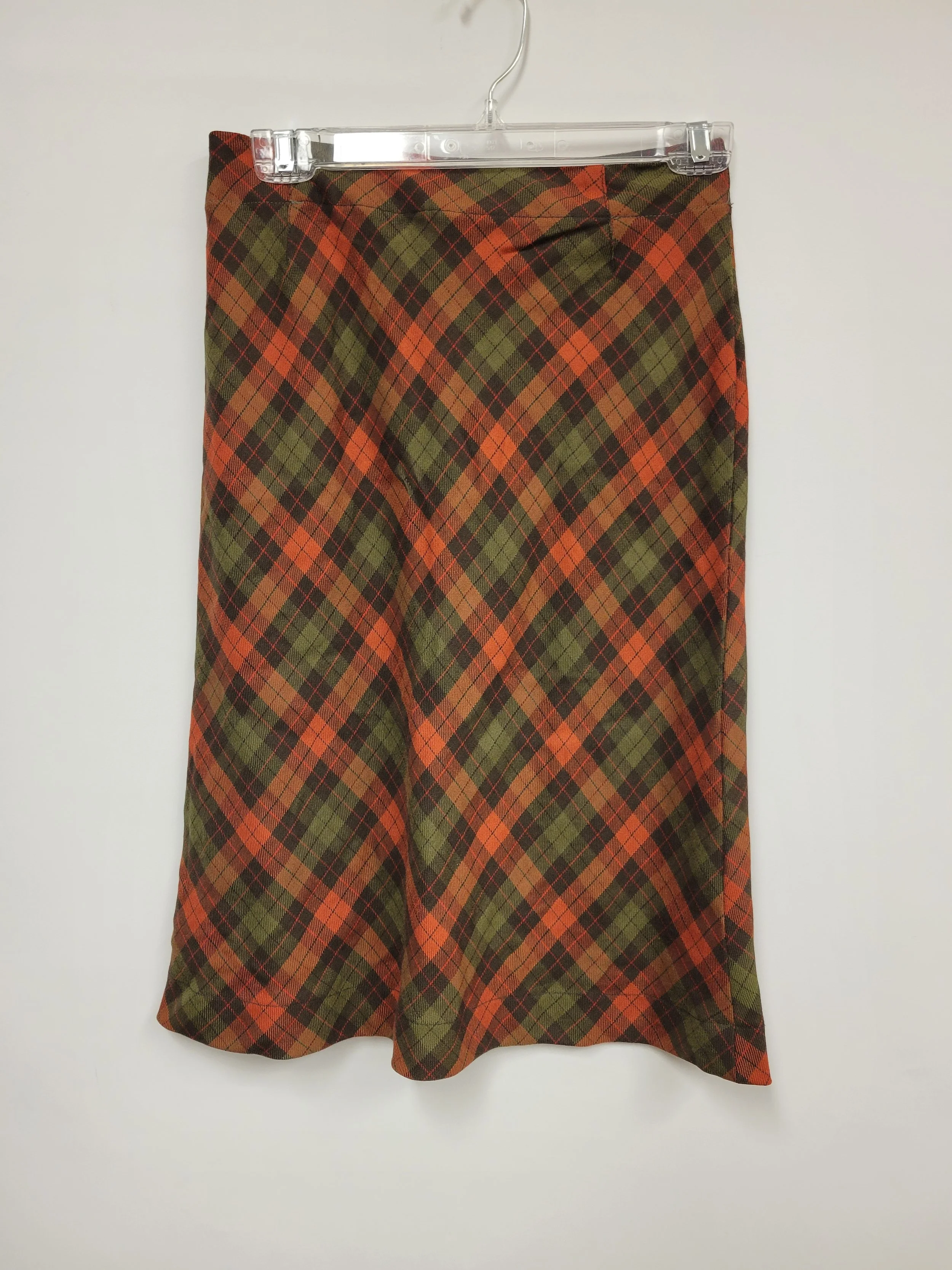 Jupe mi-longue à carreaux vert et orange, apparence laine, Magique Society, environ S
