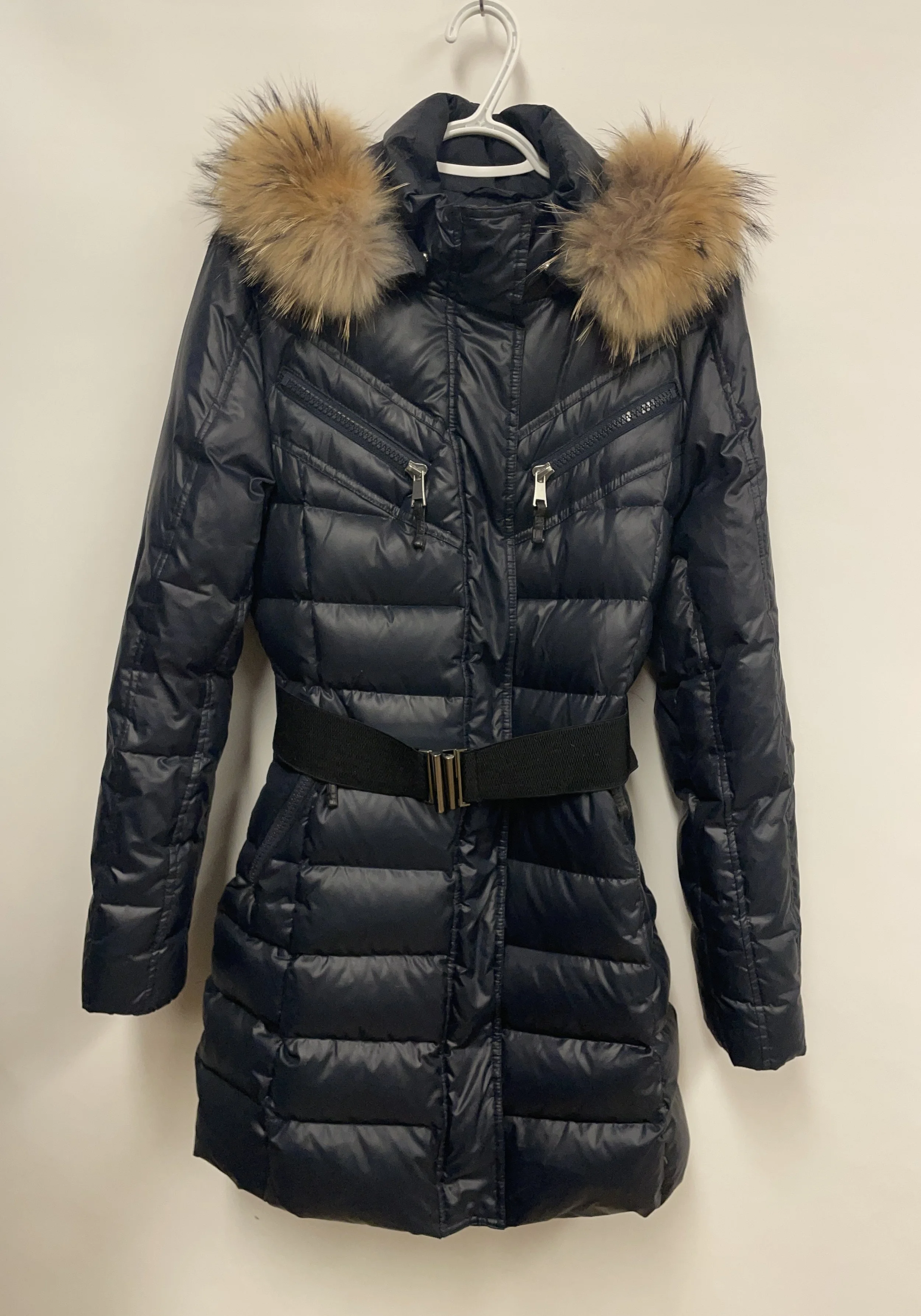 Manteau d'hiver noir cintré, capuchon véritable fourrure, OXYGEN, L (fait M)