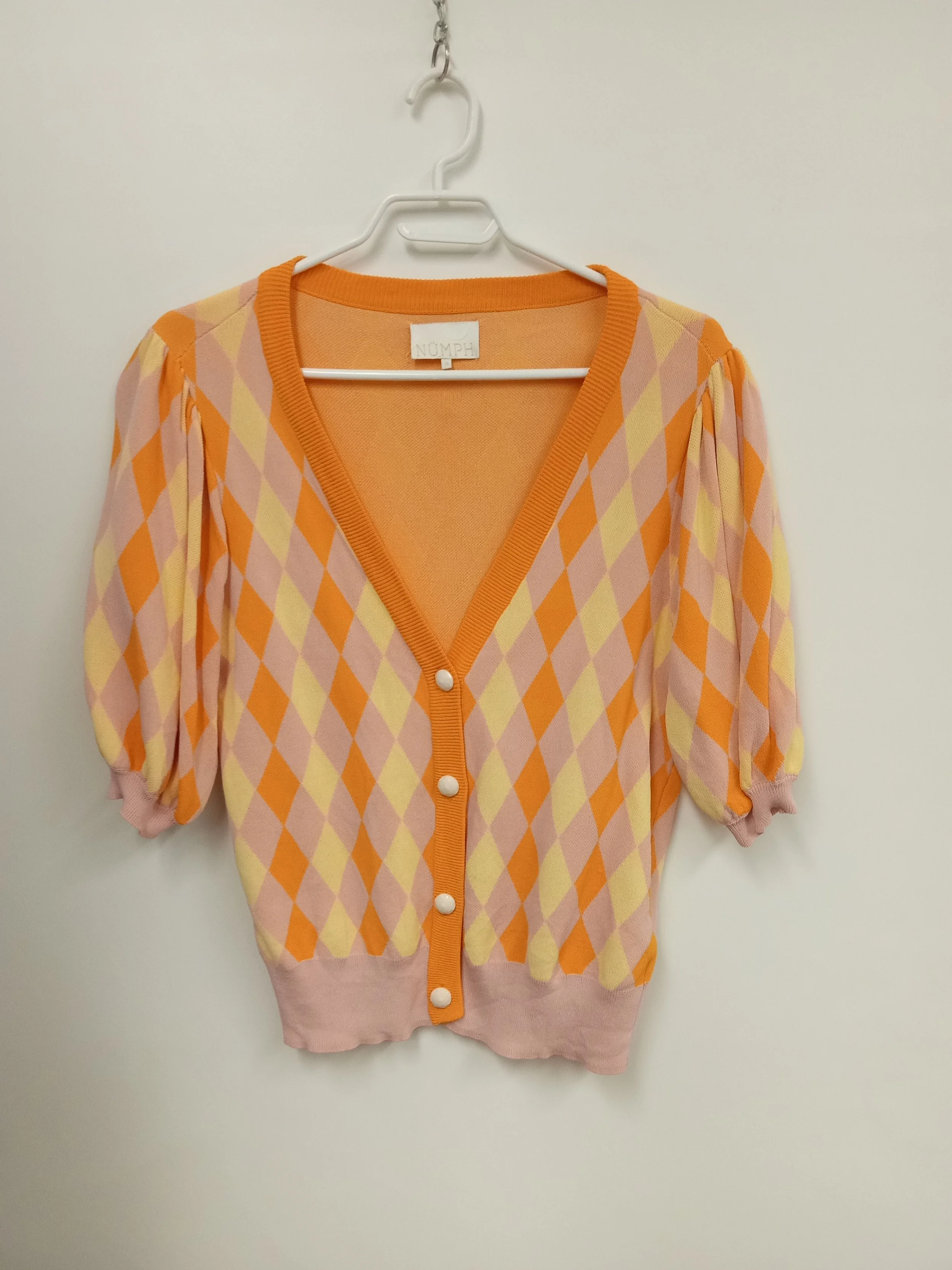 Haut manches courtes (tricot de viscose), Orange, jaune et rose, Motifs de losange, NUMPH, S
