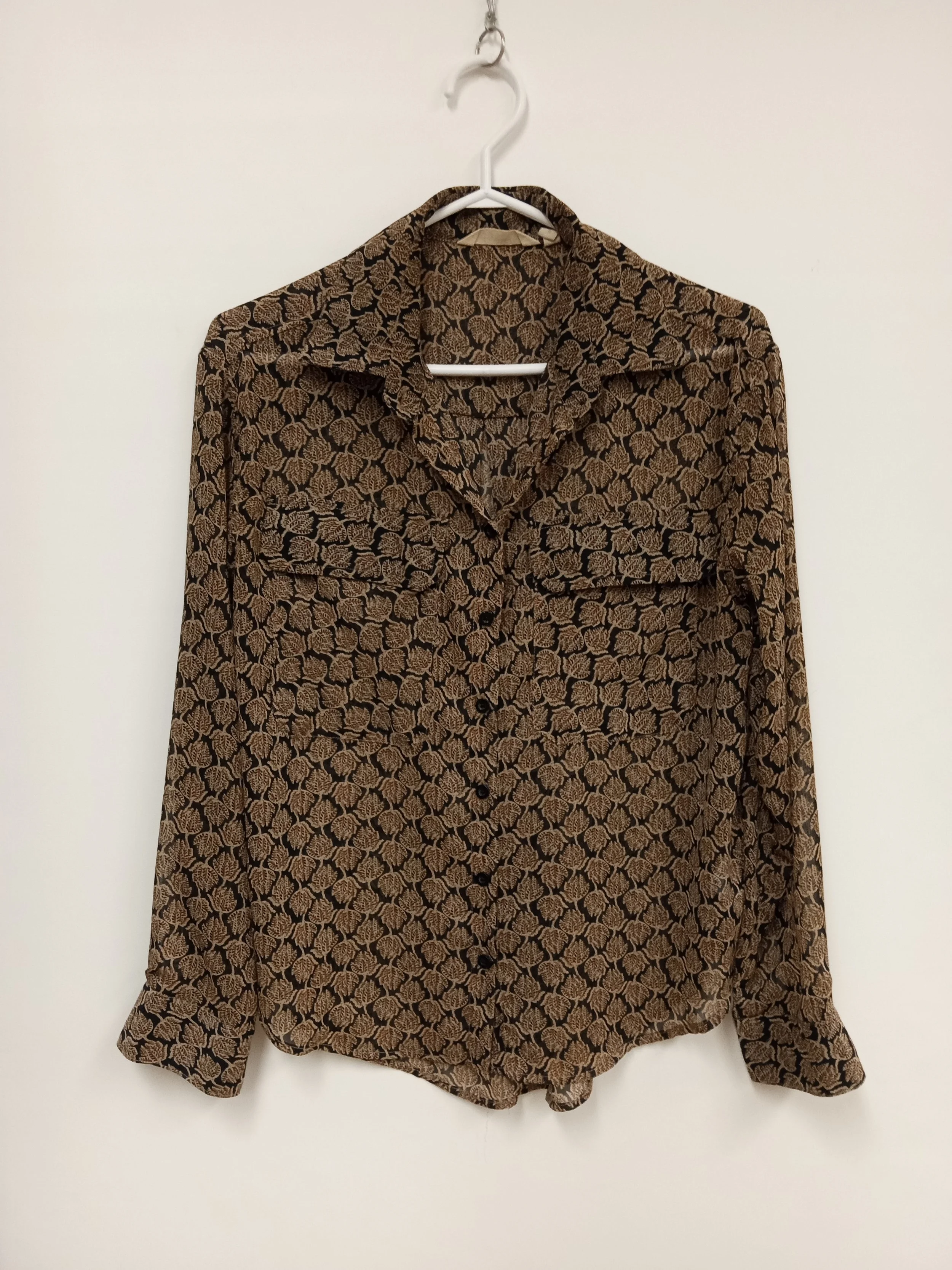 Chemisier en voile de polyester, Motif feuilles beige sur fond noir, MAX COCOS, S