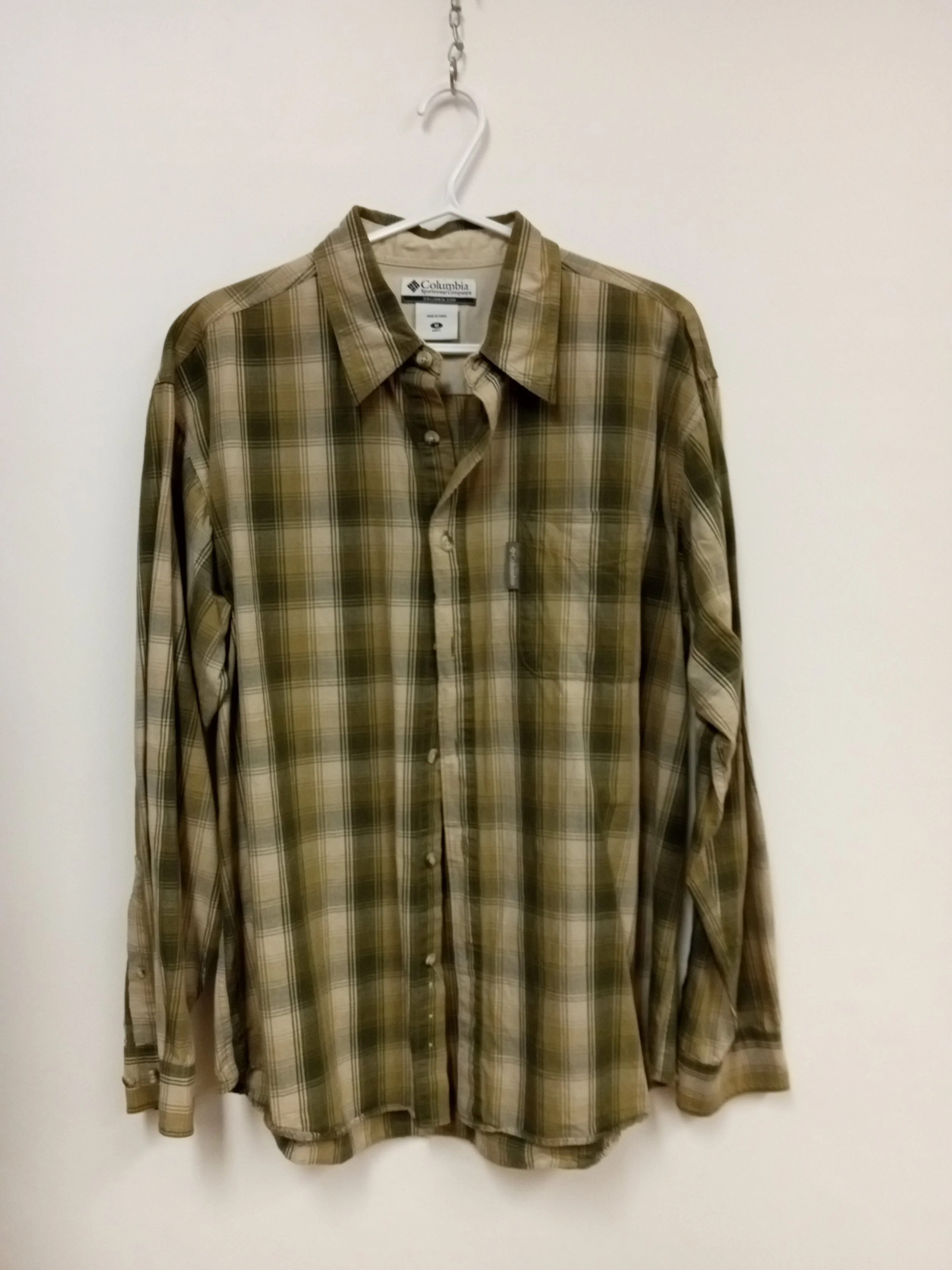 Chemise sport (100% coton), Ligné kaki, vert et beige, COLUMBIA, M