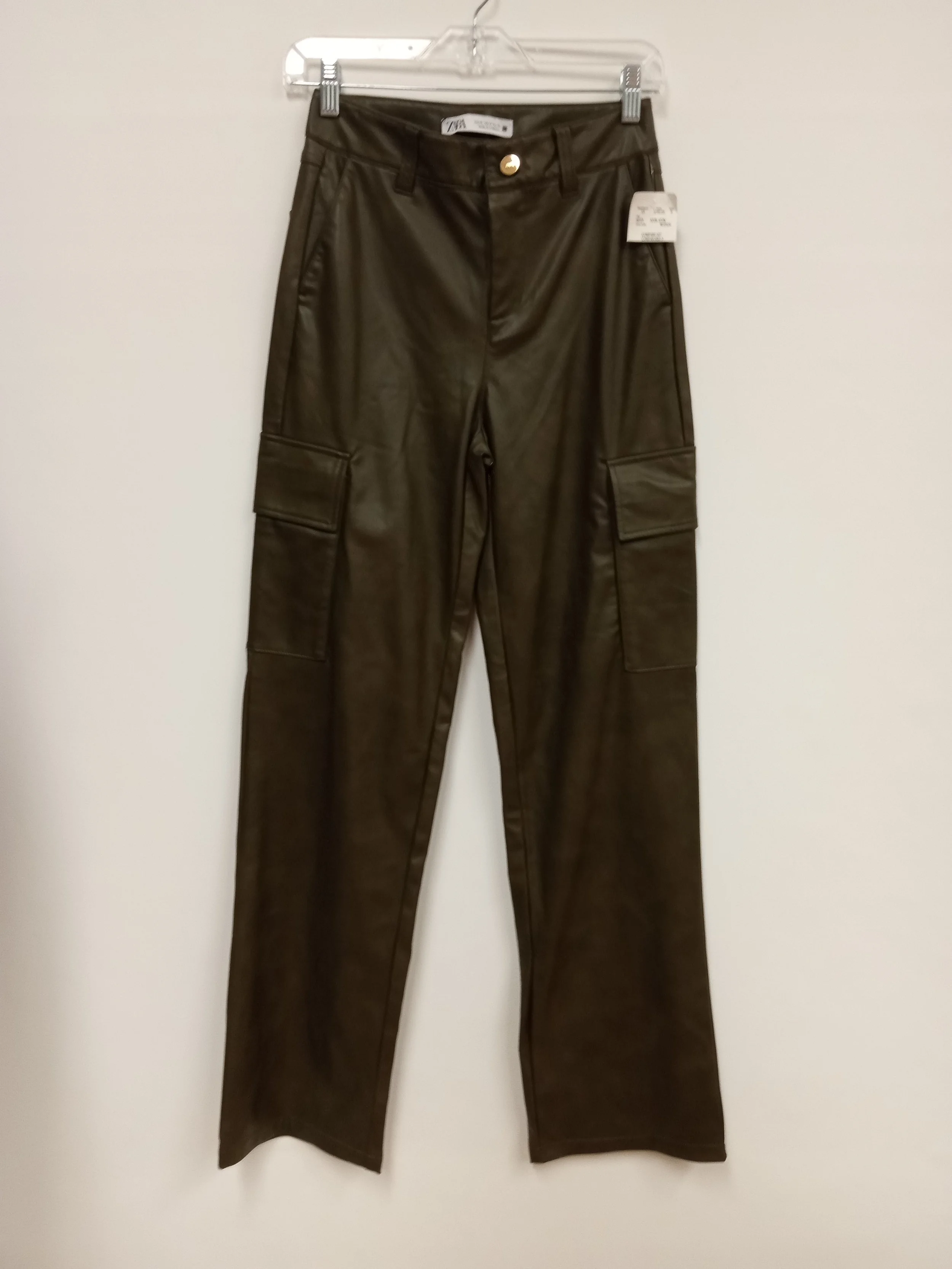 NEUF - Pantalon similicuir kaki foncé (plus clair que la photo), Zara, taille 0