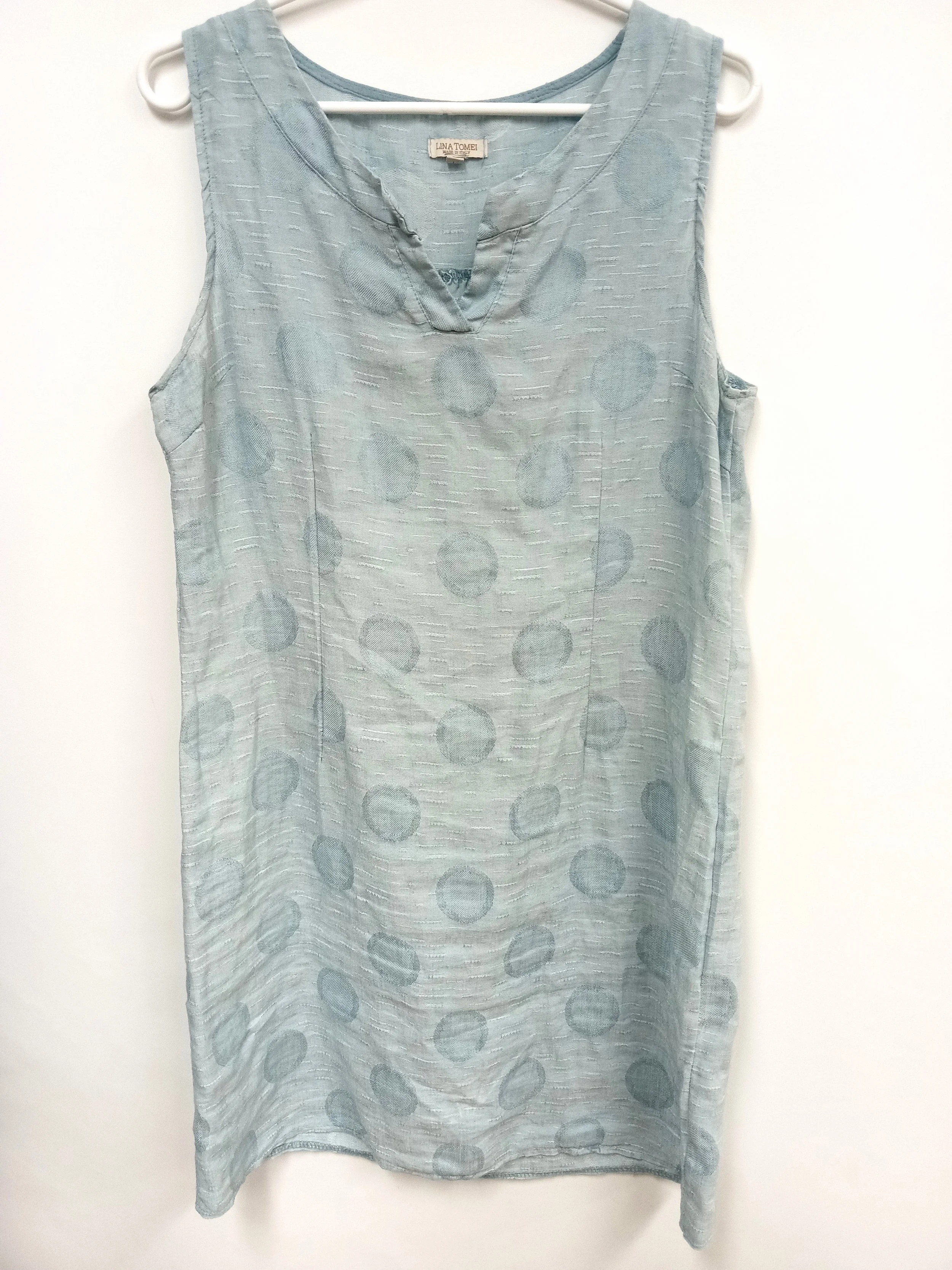 Robe bleue claire avec grands points, 52 % lin, Lina Tomei, Taille L