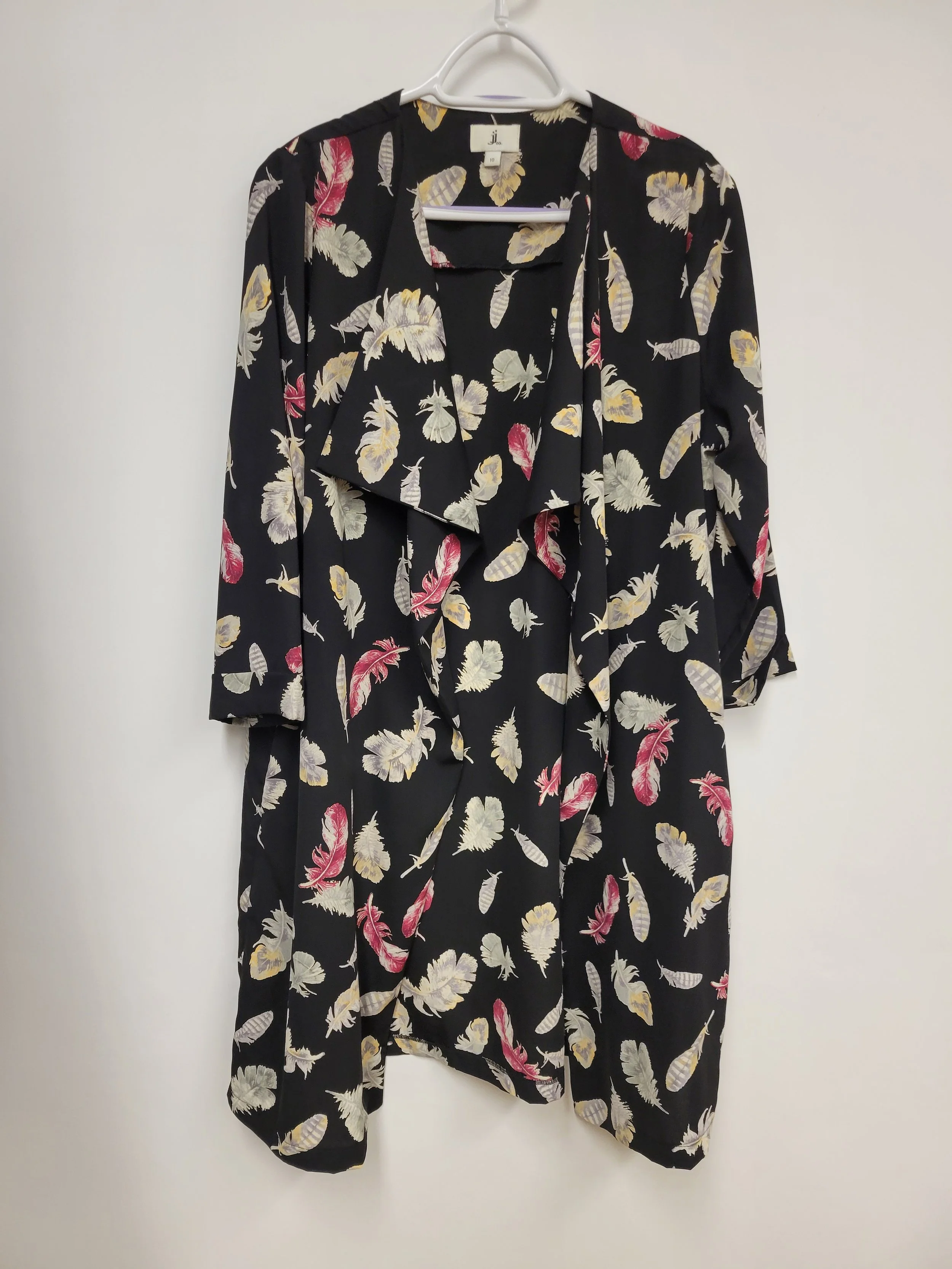 Long par-dessus léger noir motif plumes, JJCO (québécois), taille 10
