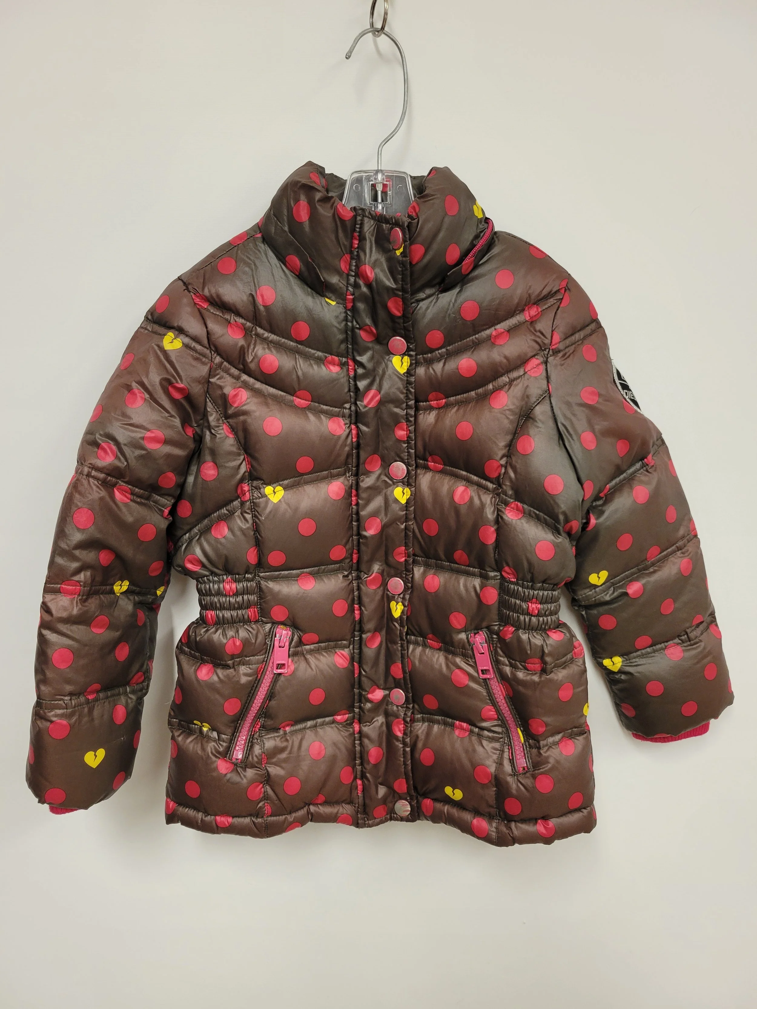 Manteau d'hiver brun à pois roses, coeurs brisés jaunes, Diesel, 4 ans