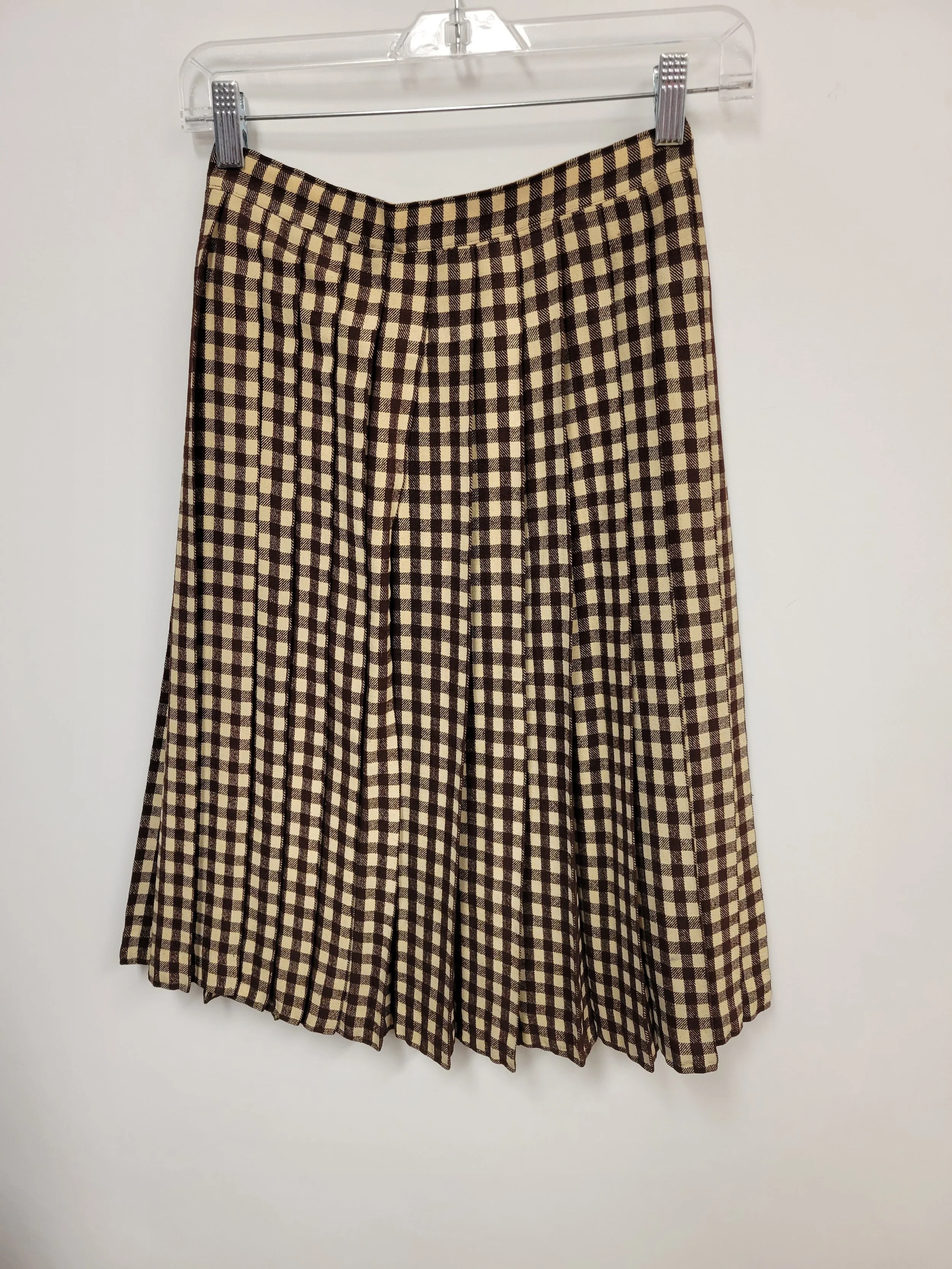 Jupe plissée mi-longue à carreaux beige et brun, texture laine, tour de taille 25 po