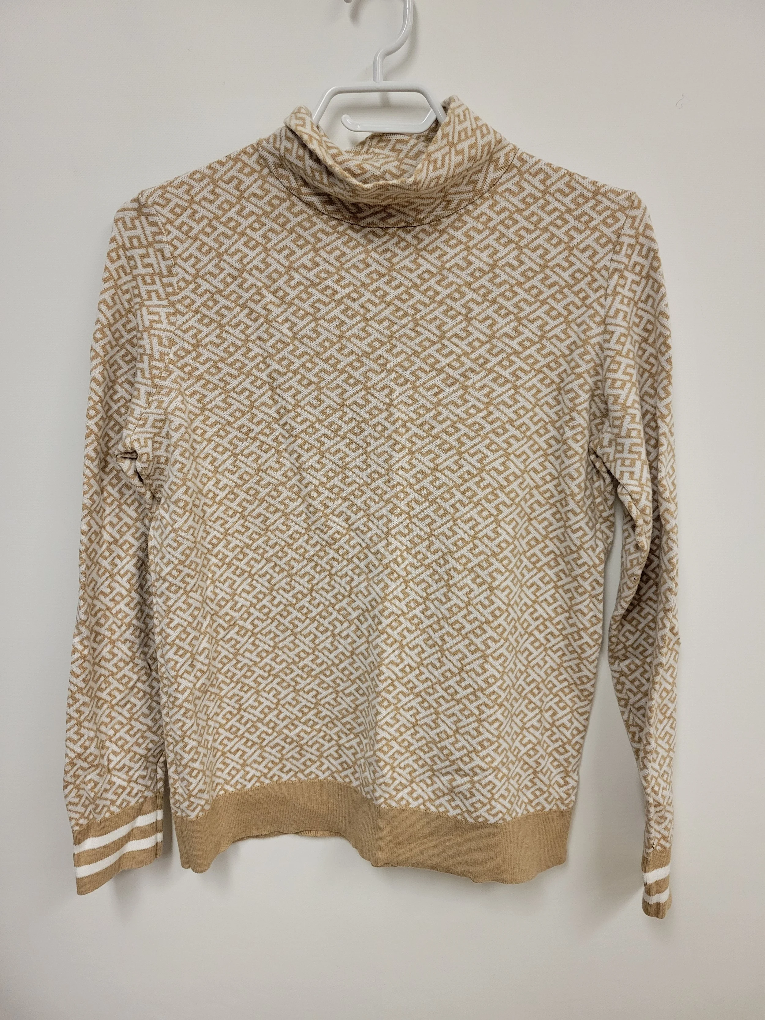 Chandail col roulé, motif géométrique, couleur sable et blanc, Tommy Hilfiger, Medium