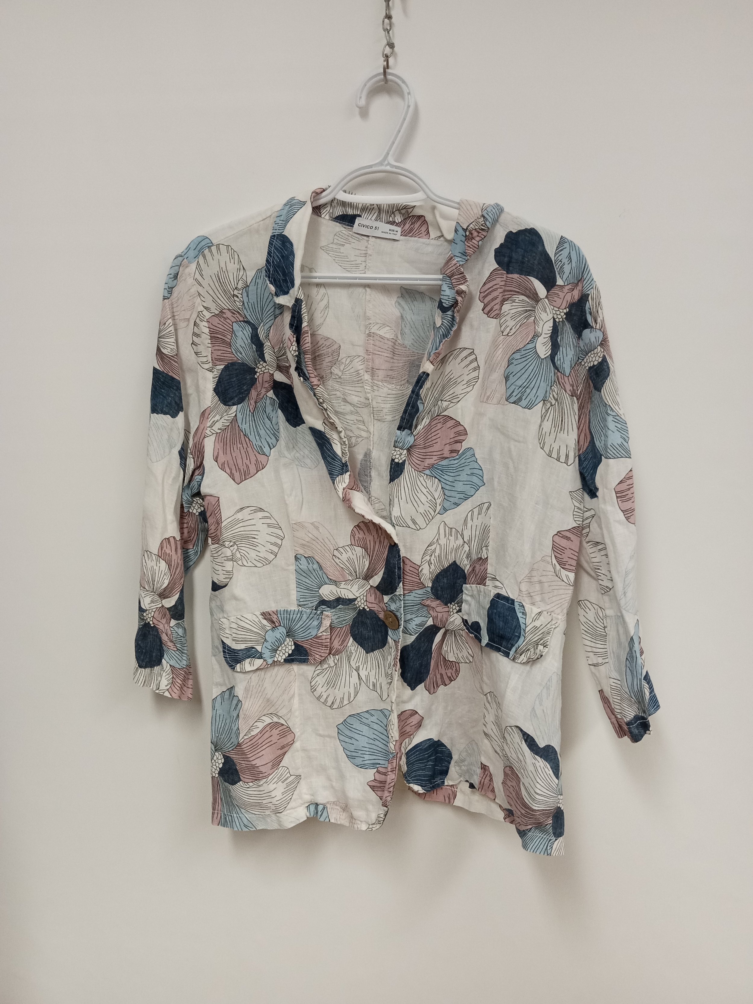 Chemisier blanc, motifs fleurs roses-bleues, 100% lin, Civico51, M