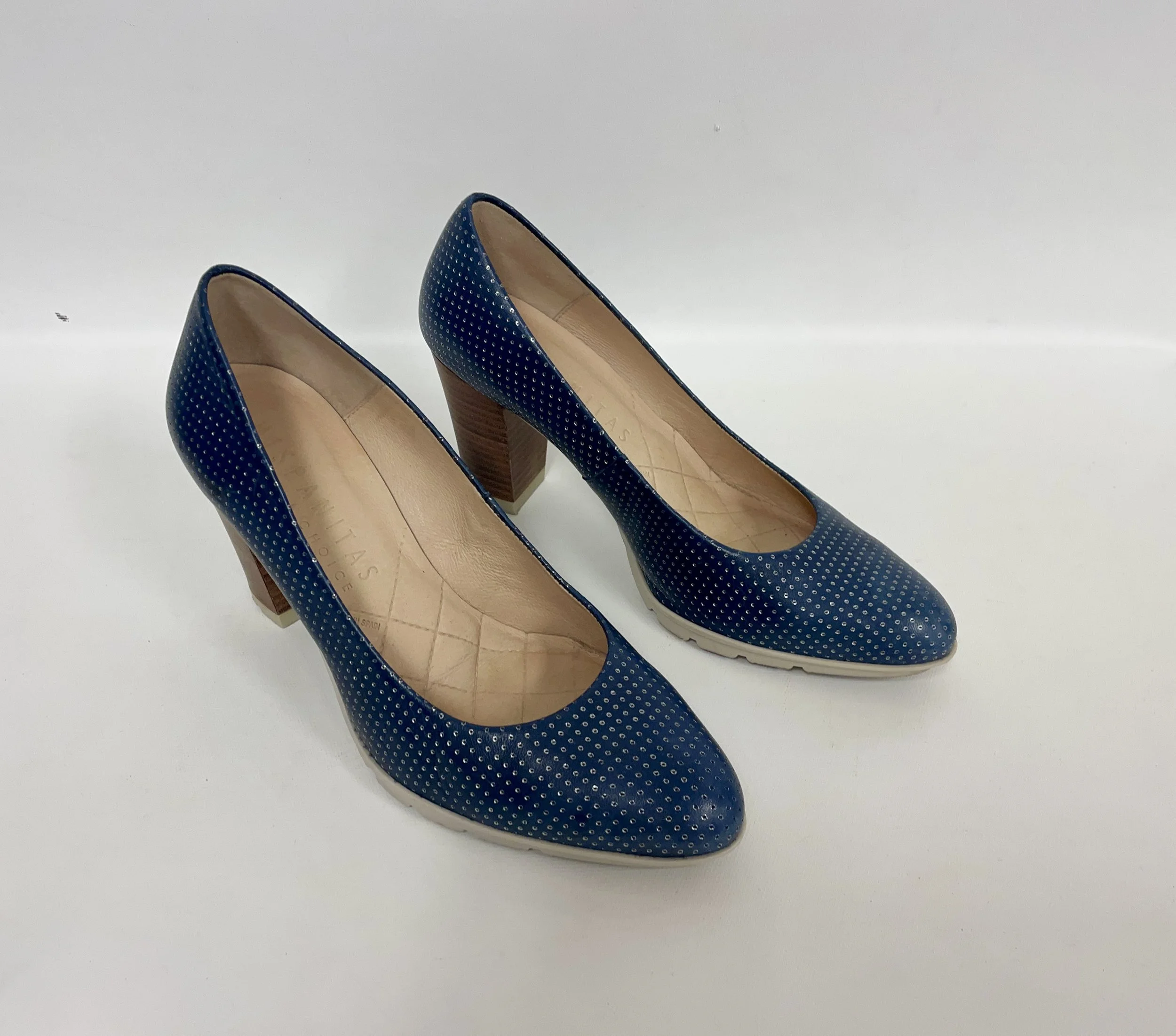 Chaussures bleues, HISPANITAS, talons 8 cm, faites en Espagne, 37 (6-6,5).