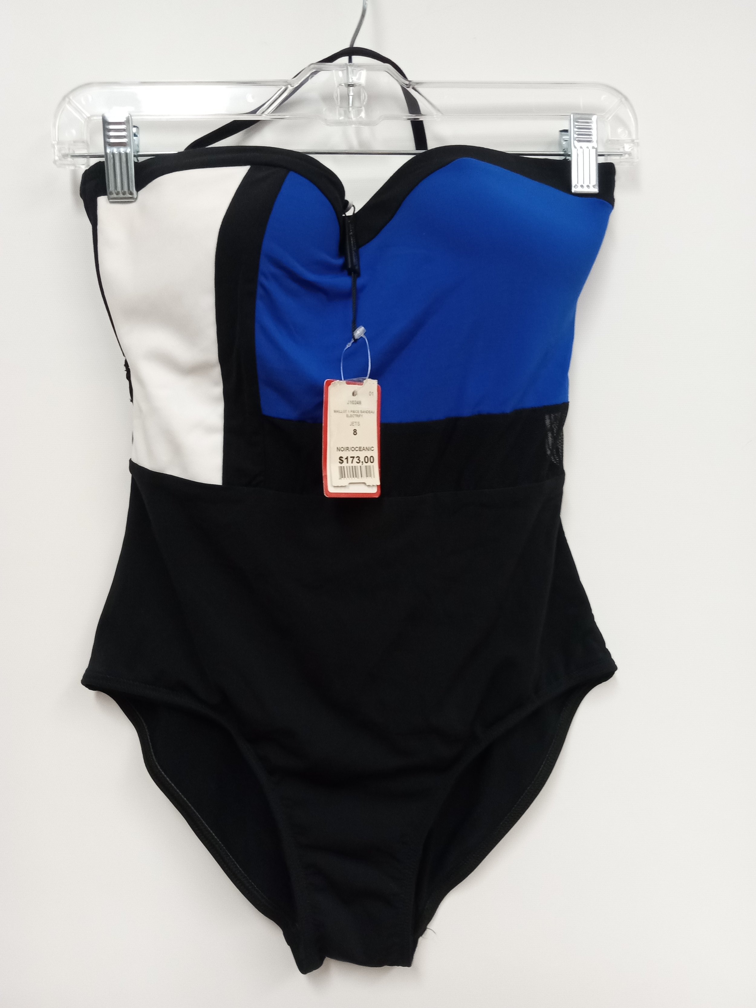 Maillot de bain une pièce bandeau, bleu, noir et blanc, neuf avec étiquette,  Jessica Allen, taille 8