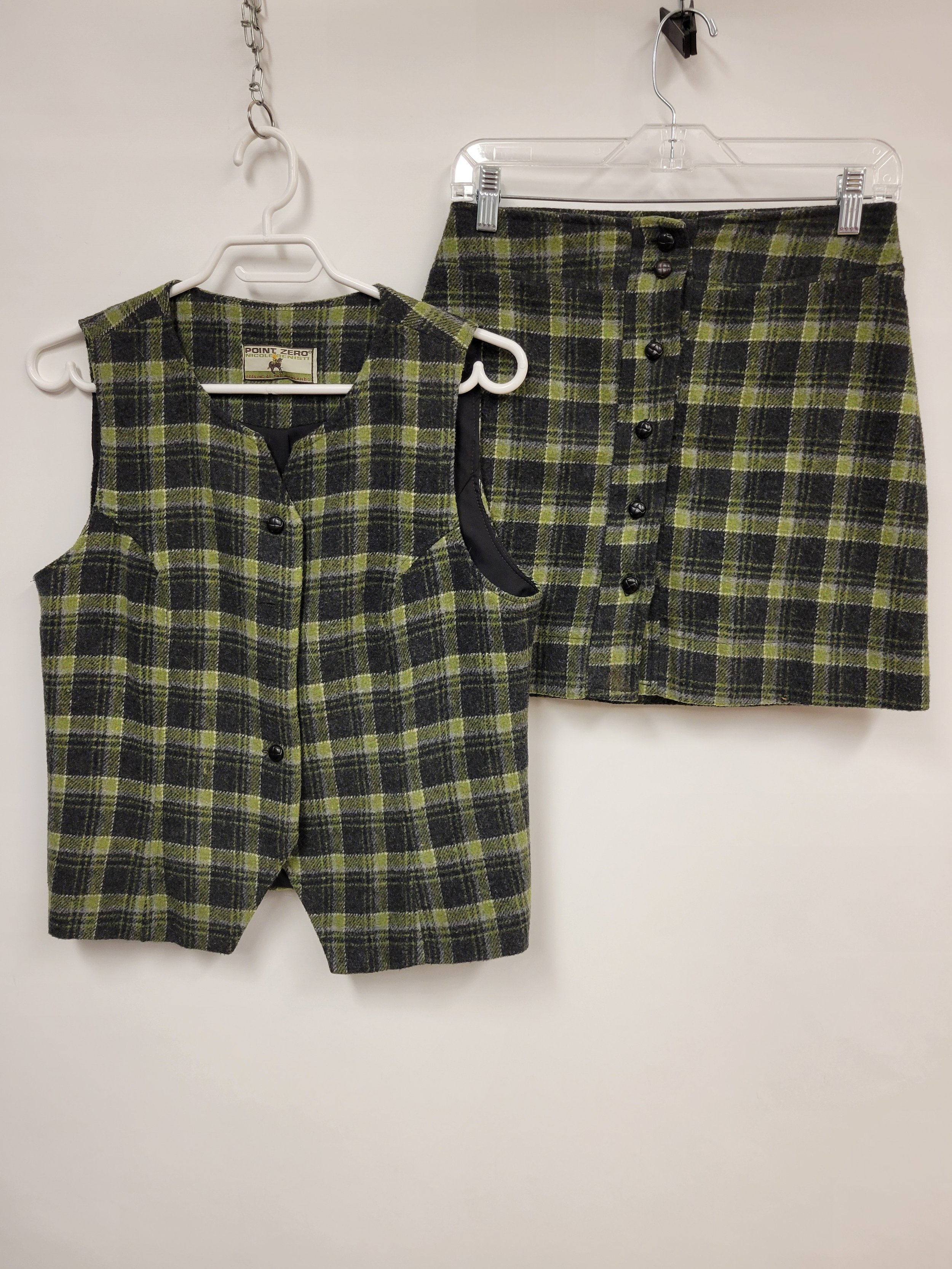 Ensemble veste et jupe à carreaux gris et vert, lainage 20% laine, Point Zero, haut M, bas environ S