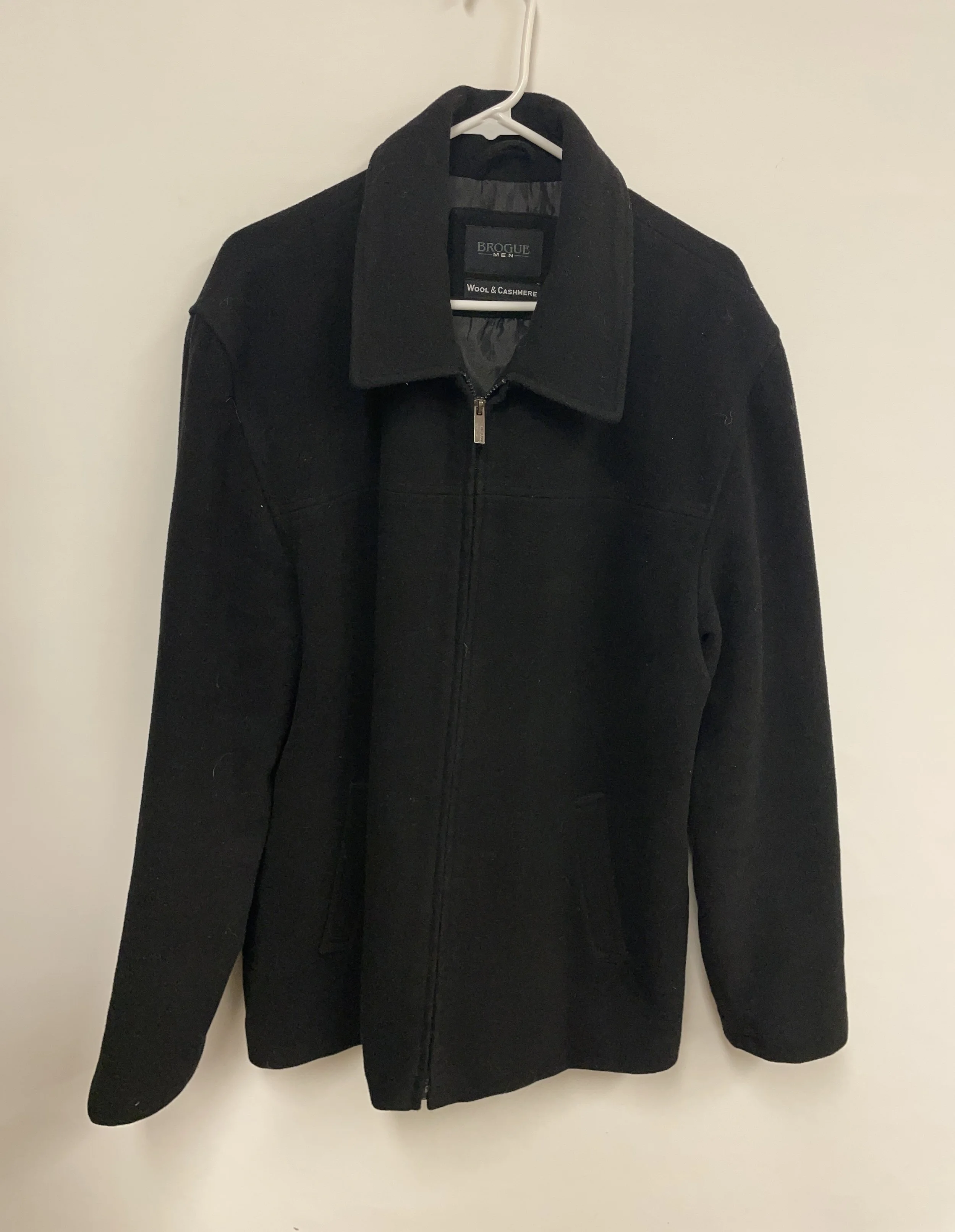 Chemise/manteau court d'automne noir, BROGUE, laine et cachemire, taille L.