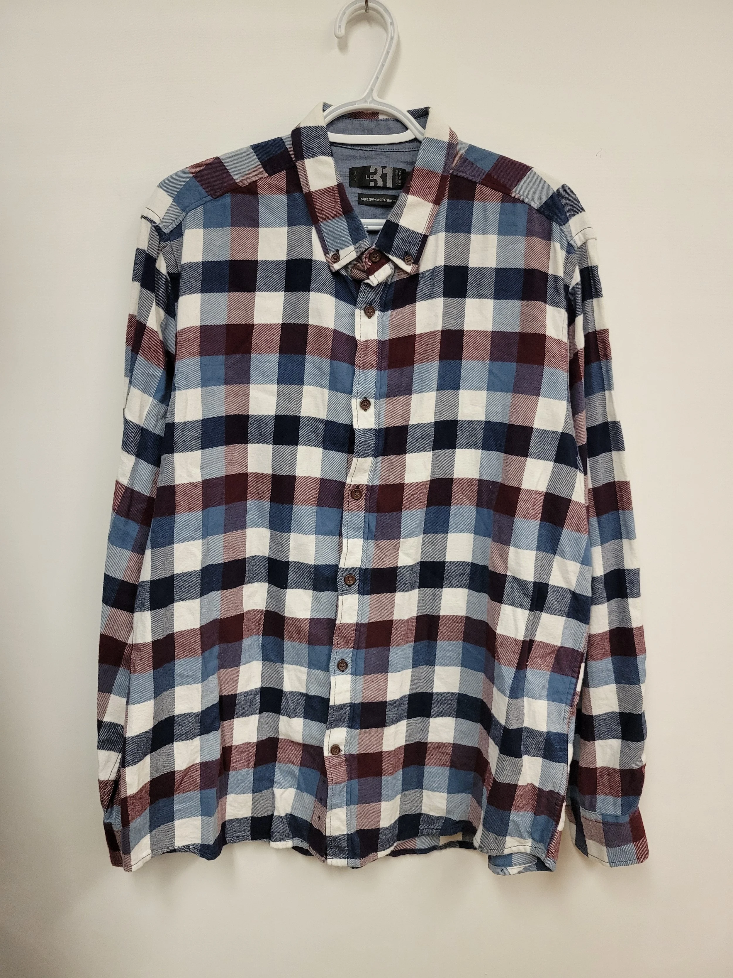 Chemise en flanelle semi-ajustée, carreaux bleu et blanc, Le 31, XL