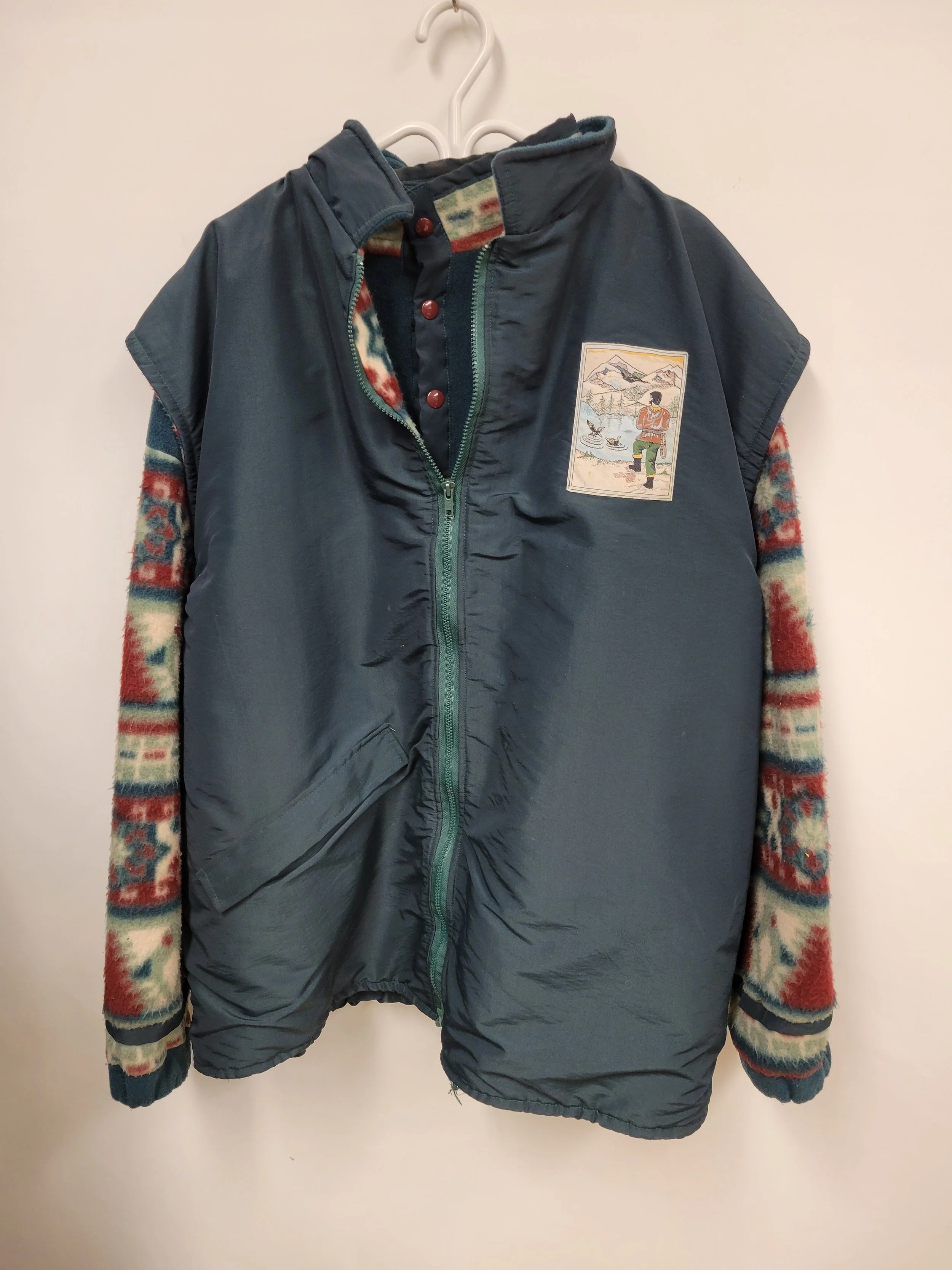 Polar épais + veste sans manches avec patch, motif vert bleuté et rouge, pas d'étiquette (environ XL hommes)