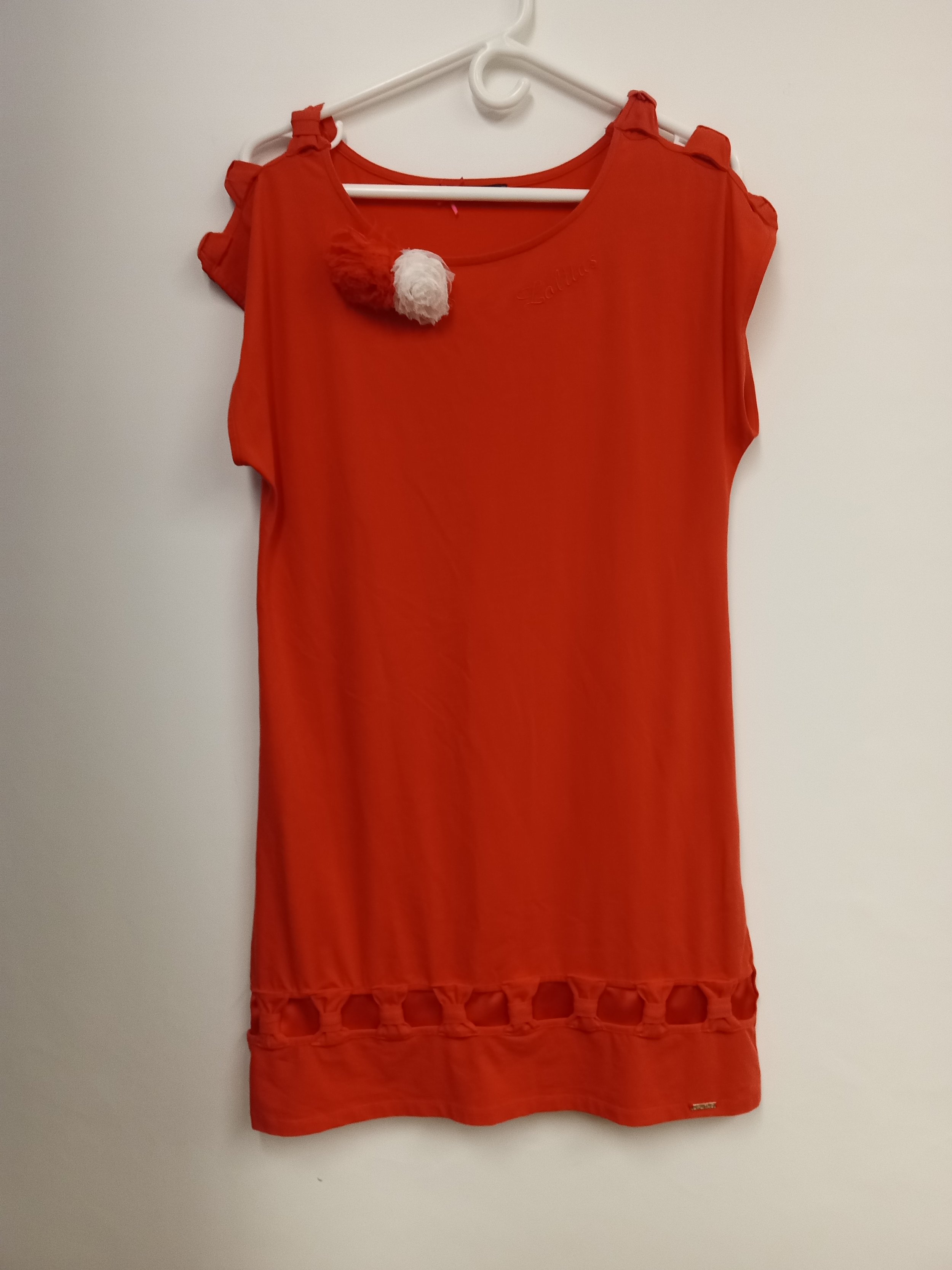 NEUF - Robe rose corail vif, pompons amovibles, 90% coton, Lolita, L