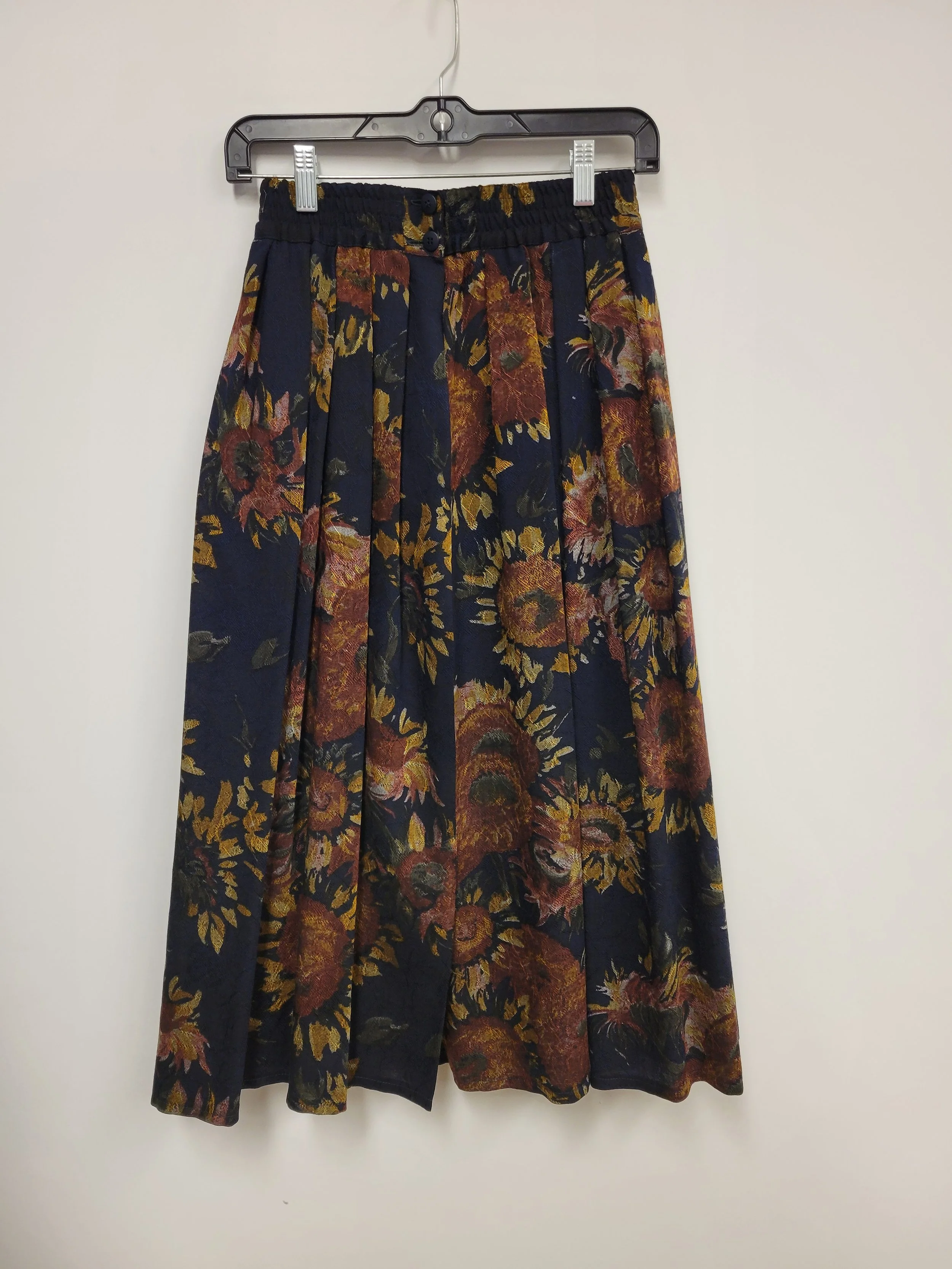Jupe longue marine motif floral bourgogne, 100% laine vierge, Gina Tagara, taille 36 (S)
