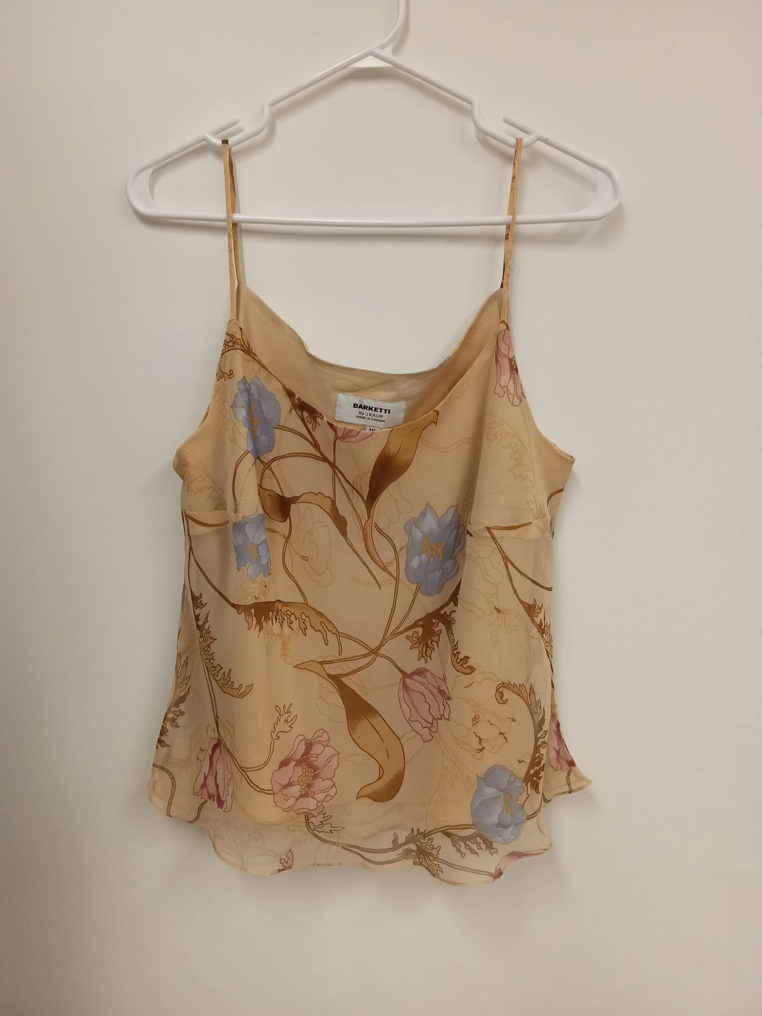 Haut sans manches doublé (100% Polyester), Beige avec motifs fleurs bleues et roses, BARKETTI, Taille 16