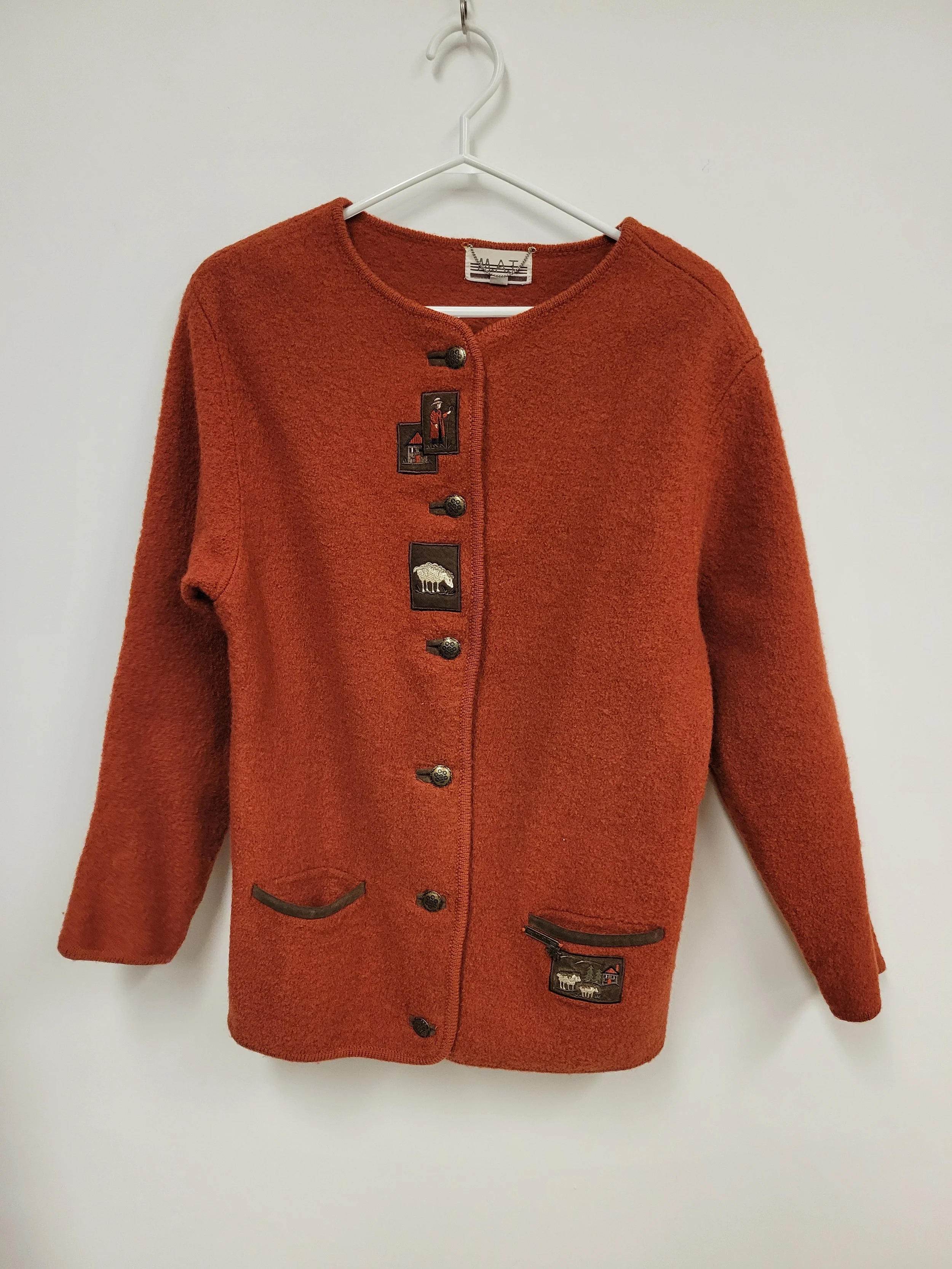 Veste de laine avec broderie moutons et berger, 100% laine vierge, MAT, M