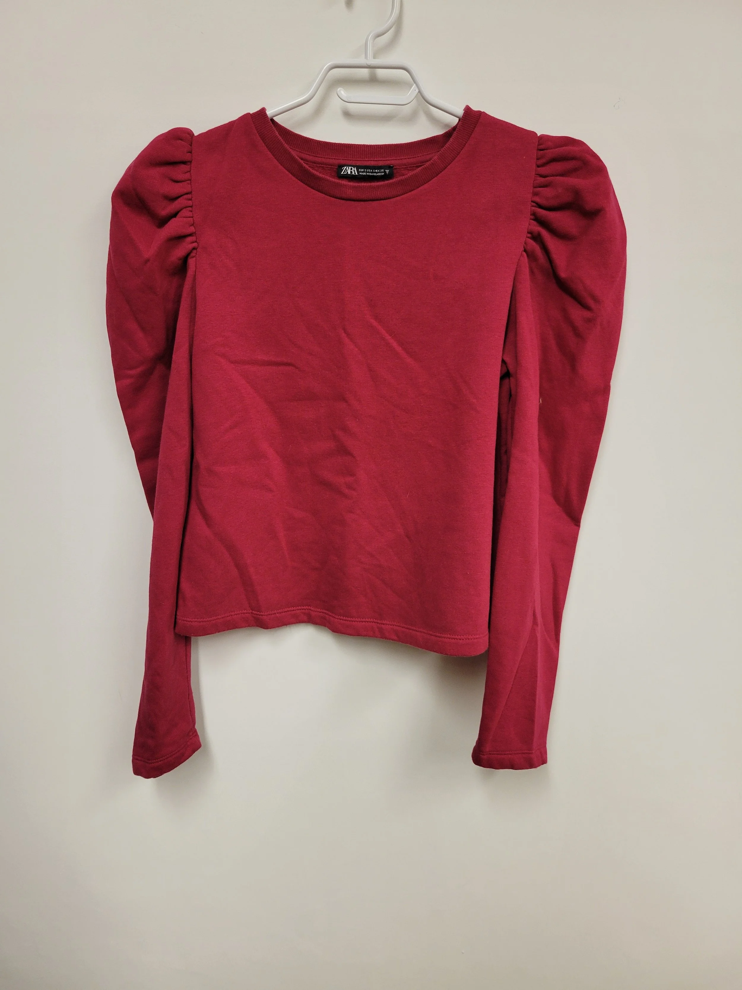 Chandail coton ouaté rose foncé manches bouffantes, Zara, S