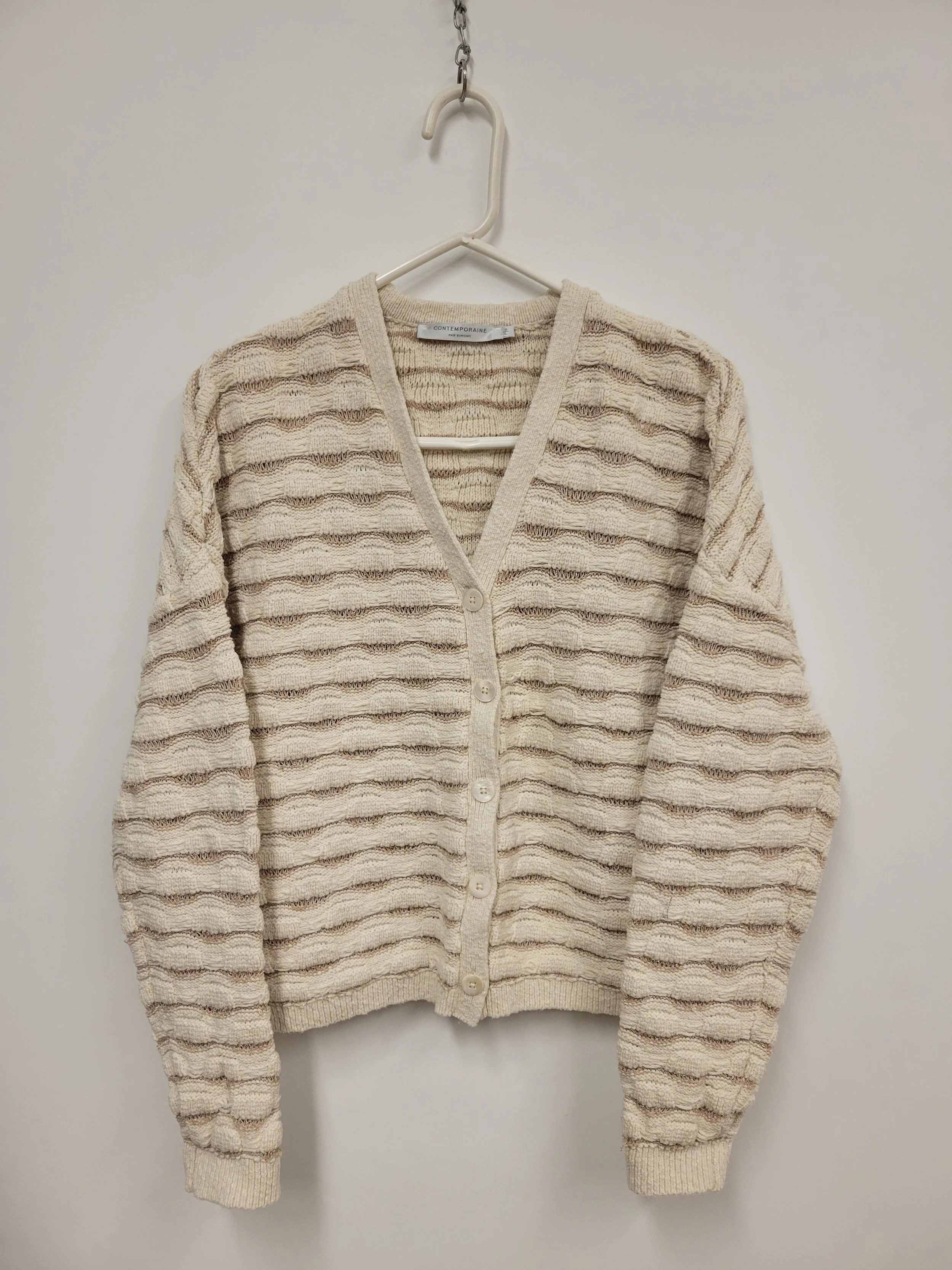 Veste boutonnée, beige (2 tons), tricot de coton, Contemporaine, L