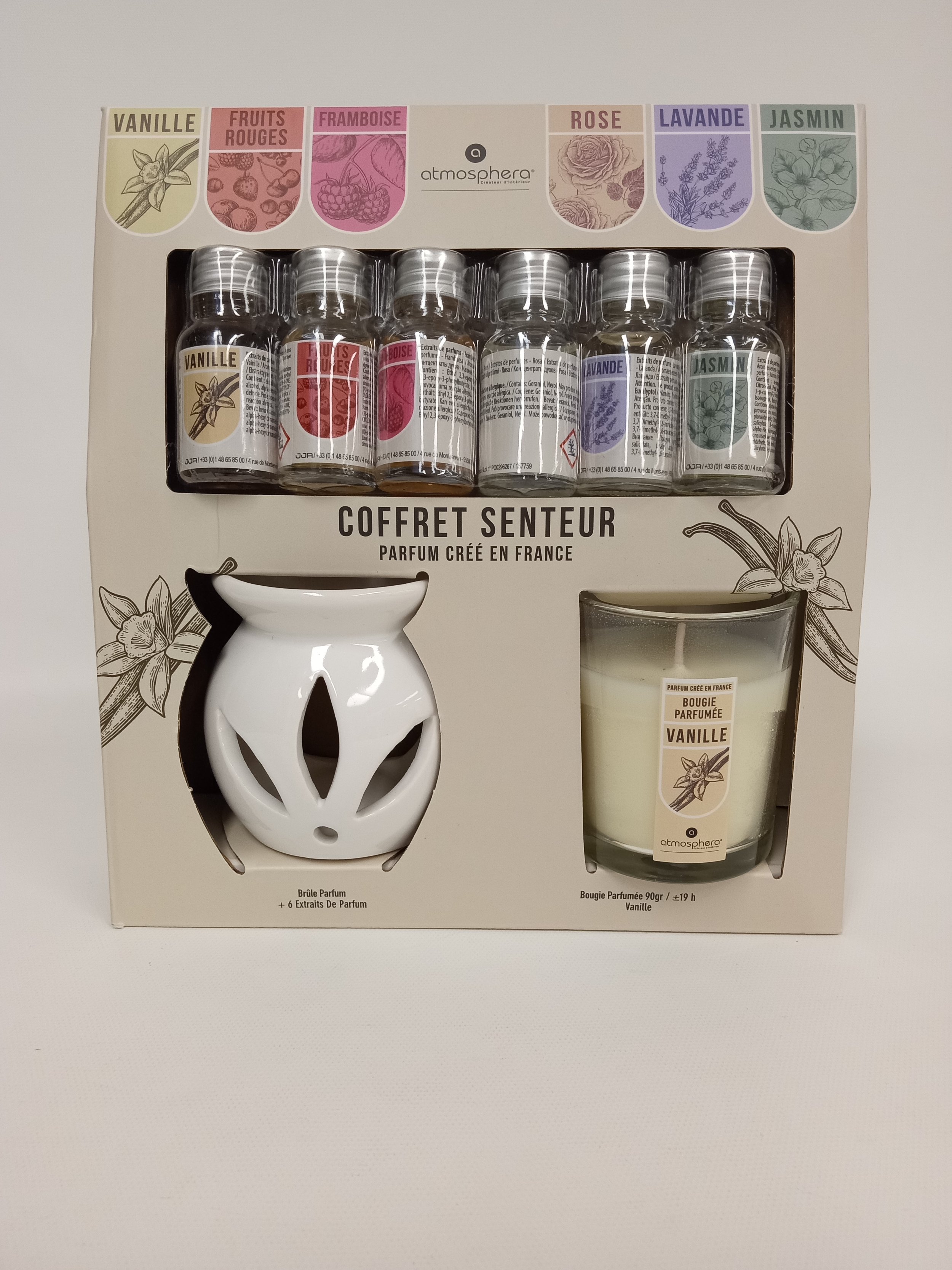 Coffret senteur, 6 extraits de parfum, une bougie parfumée à la vanille + brûle parfum en céramique crème