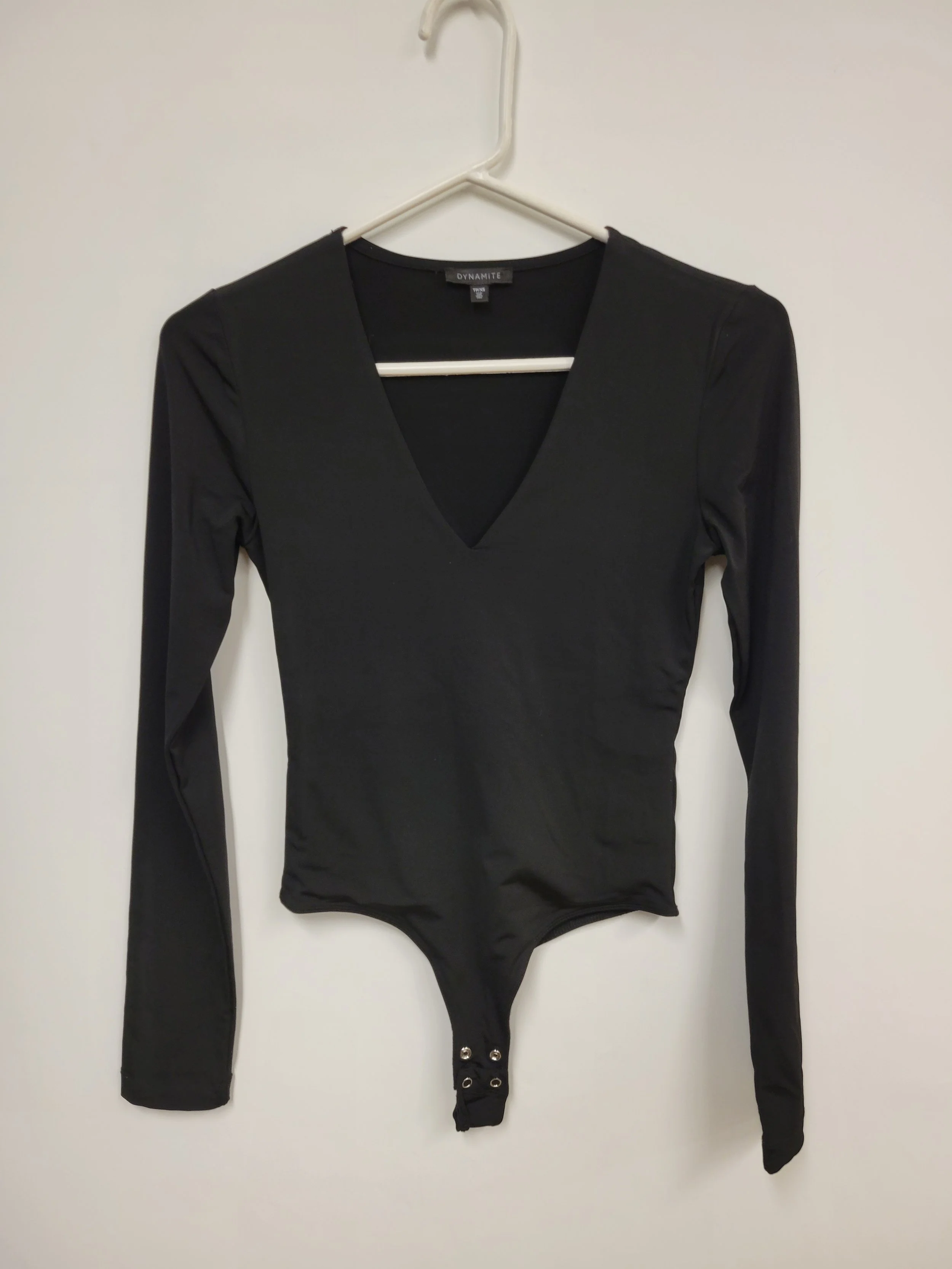 Justaucorps noir, tissu seconde peau, col en V, Dynamite, XS