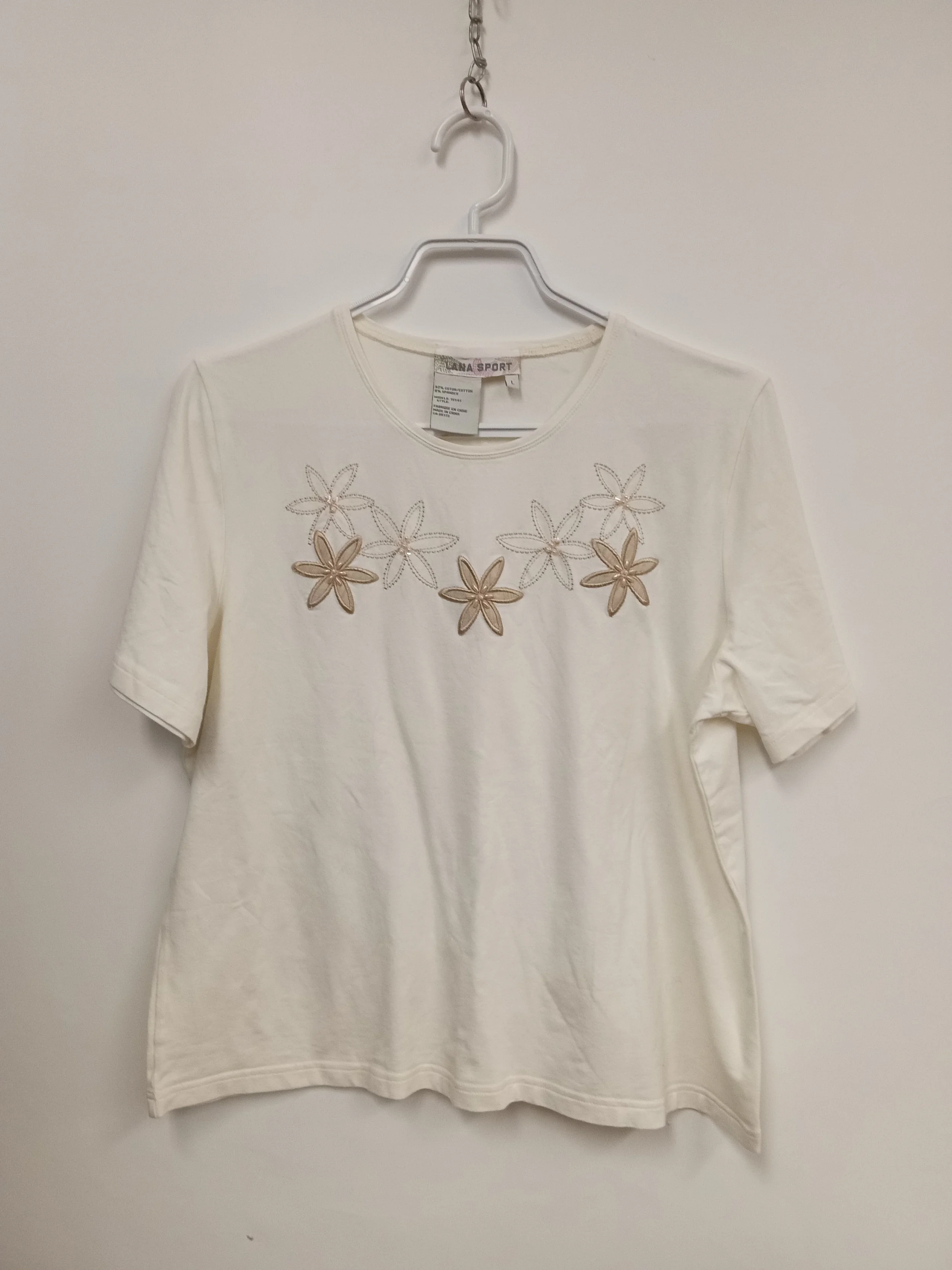 T-Shirt (Coton/Spandex), Beige avec fleurs et perles, LANA SPORT, L