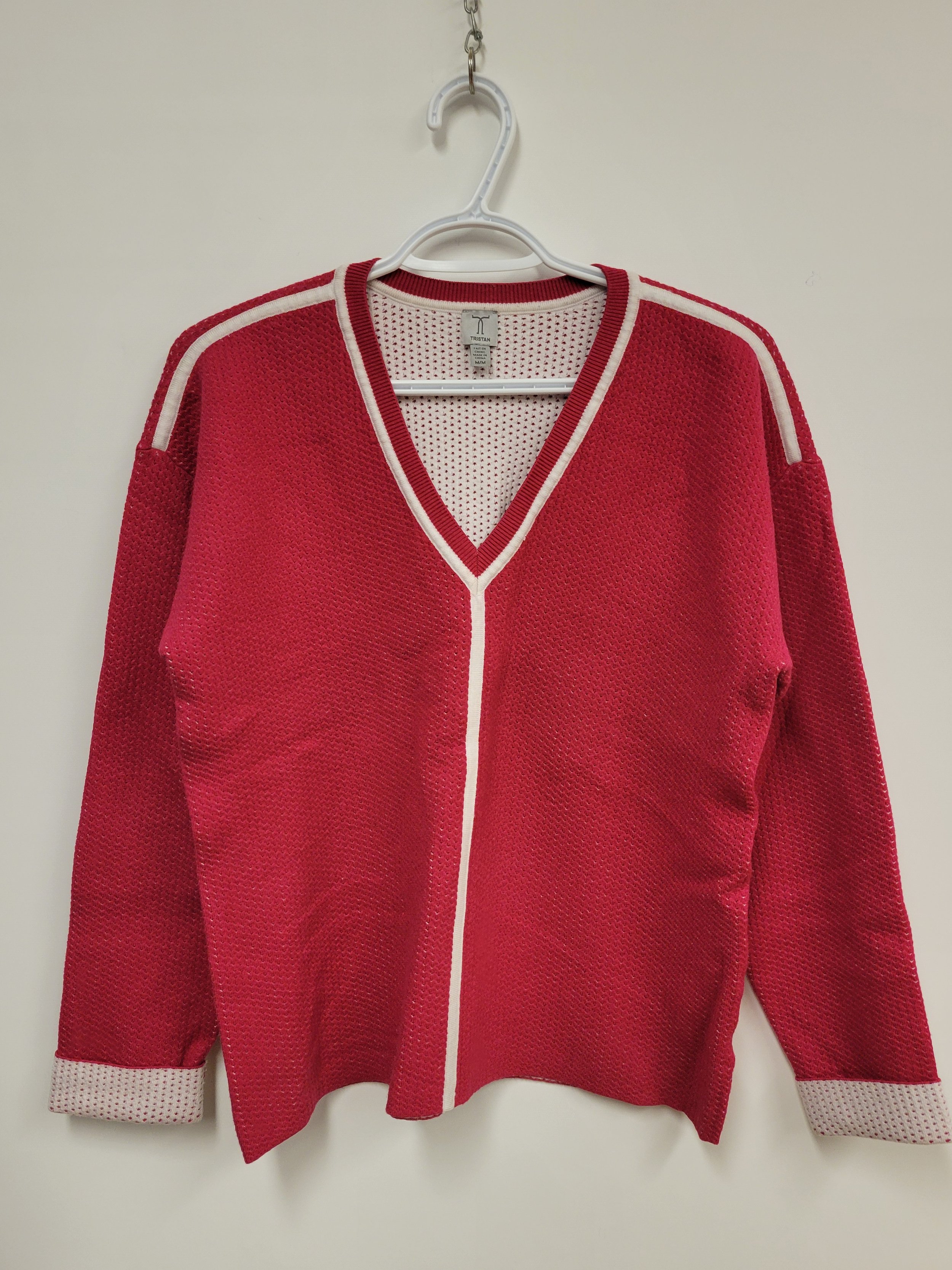 Chandail rose avec ligne blanche, Viscose et polyester, TRISTAN, M