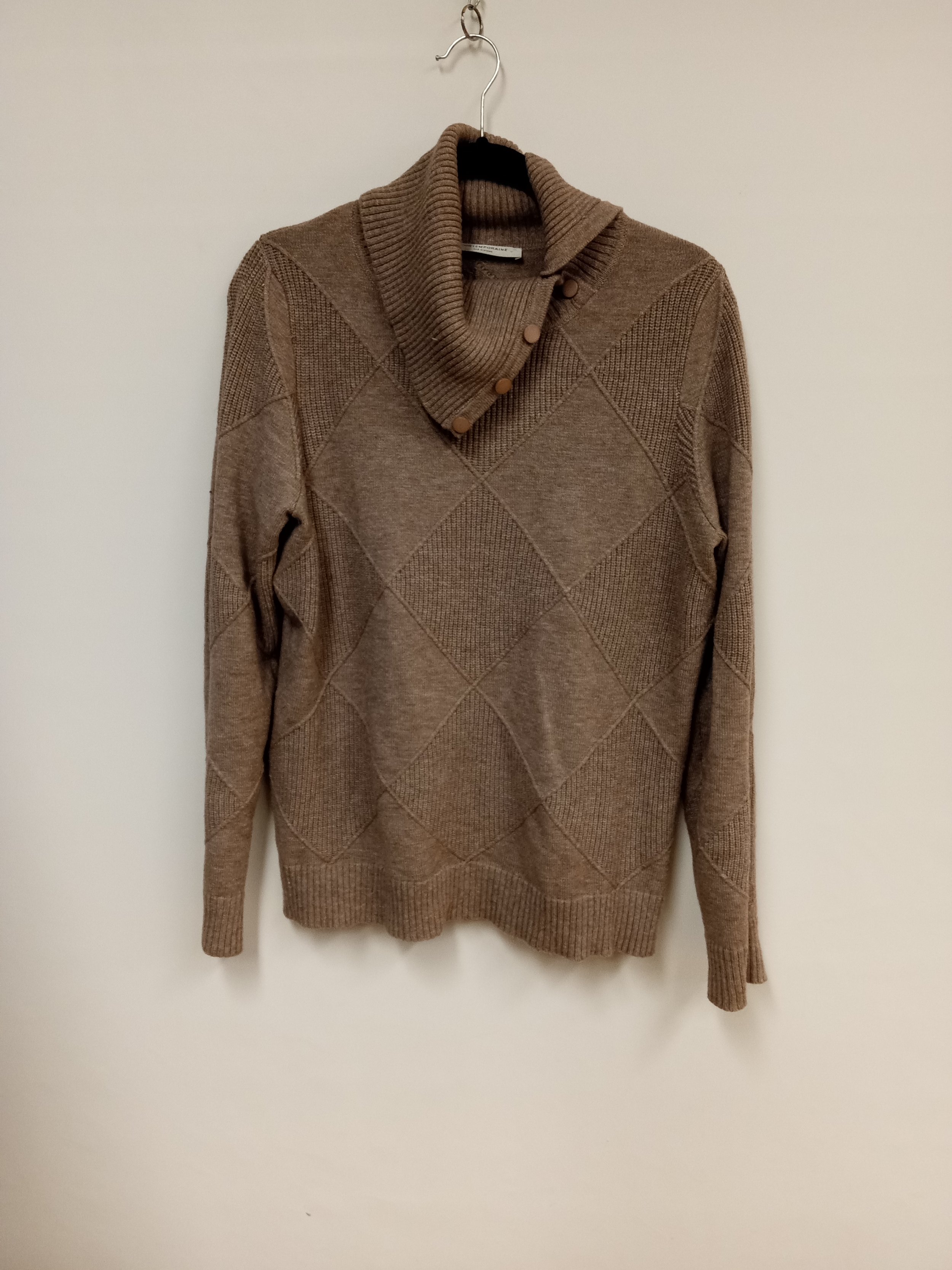 Chandail en maille col roulé, brun clair, motif carrés, Contemporaine, taille L