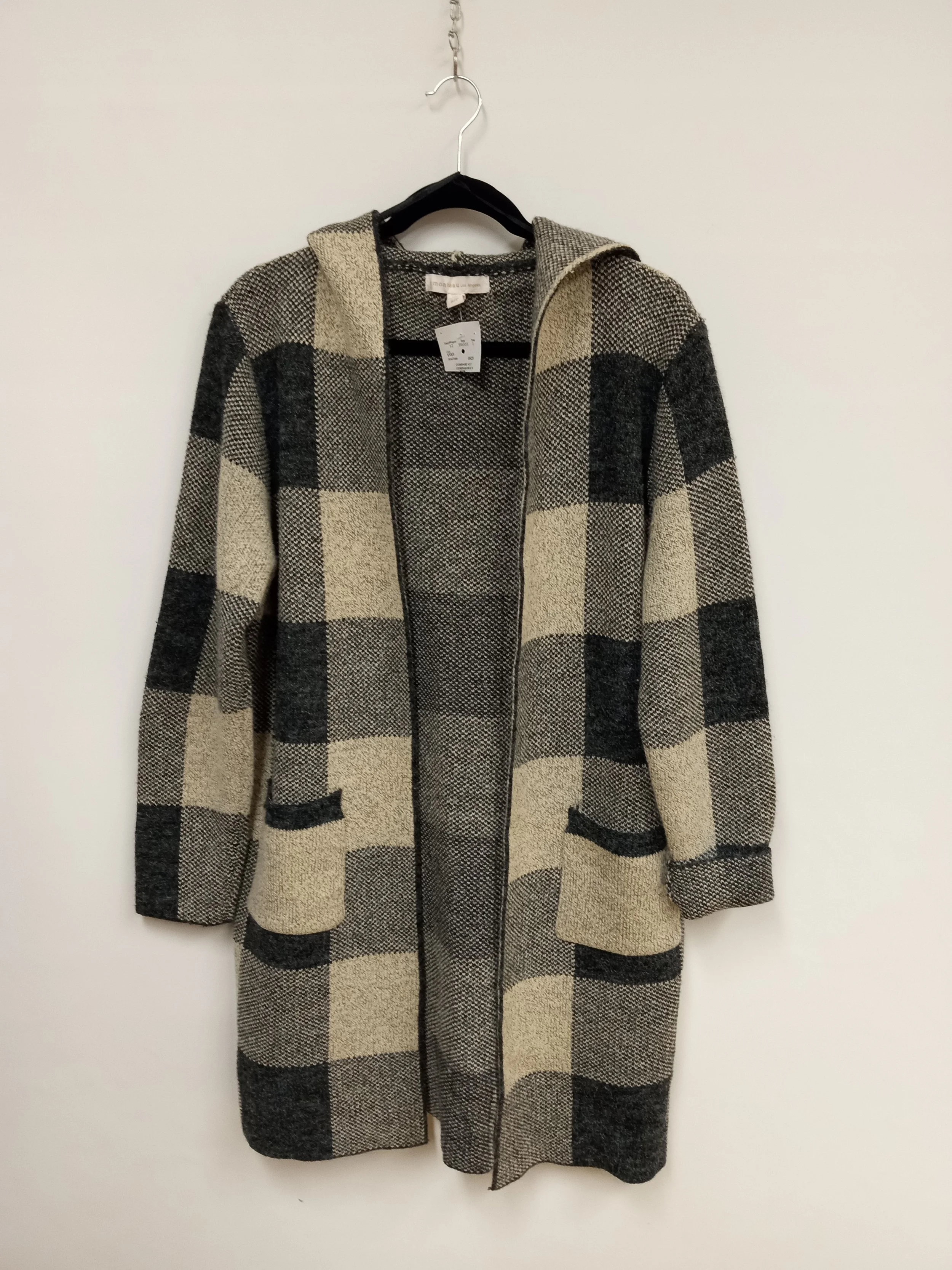 NEUF-Long chandail en maille avec capuchon, motif carreautée gris foncé-beige, Monteau Los Angeles, S