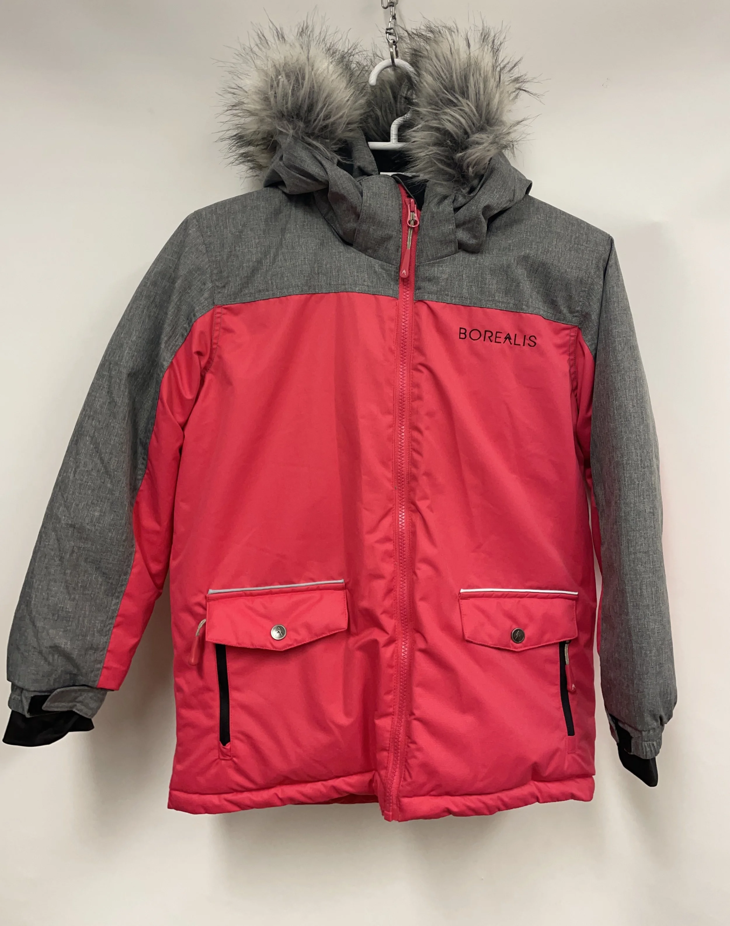 Manteau d'hiver sport à capuchon, gris et rose, BOREALIS, 10 ans.