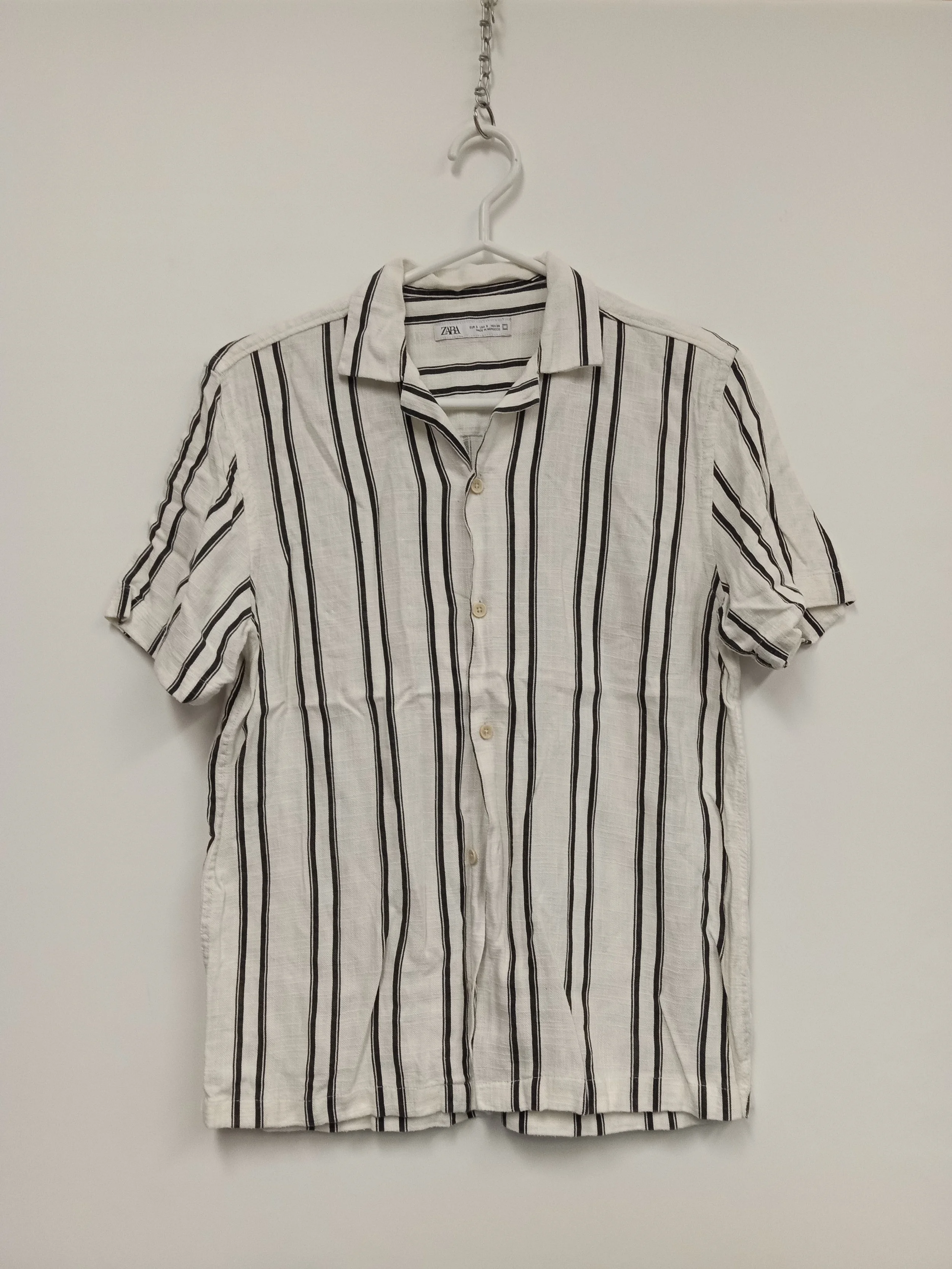 Blouse manches courtes, viscose et lin, blanche avec rayures noires, ZARA, S