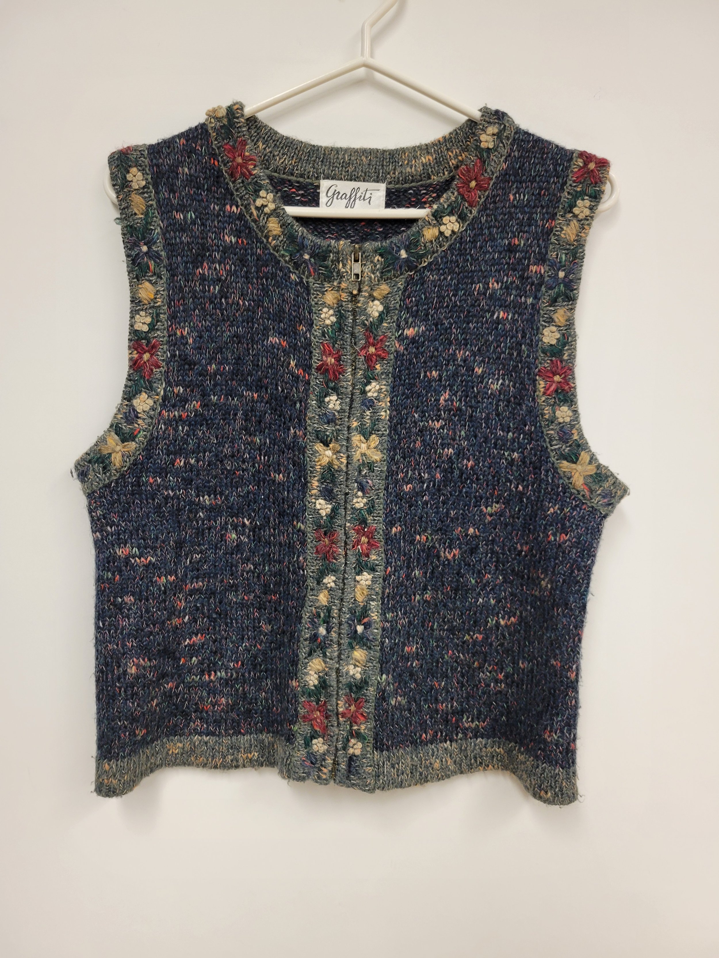 Débardeur en tricot marine avec bordures de fleurs, Graffiti, S