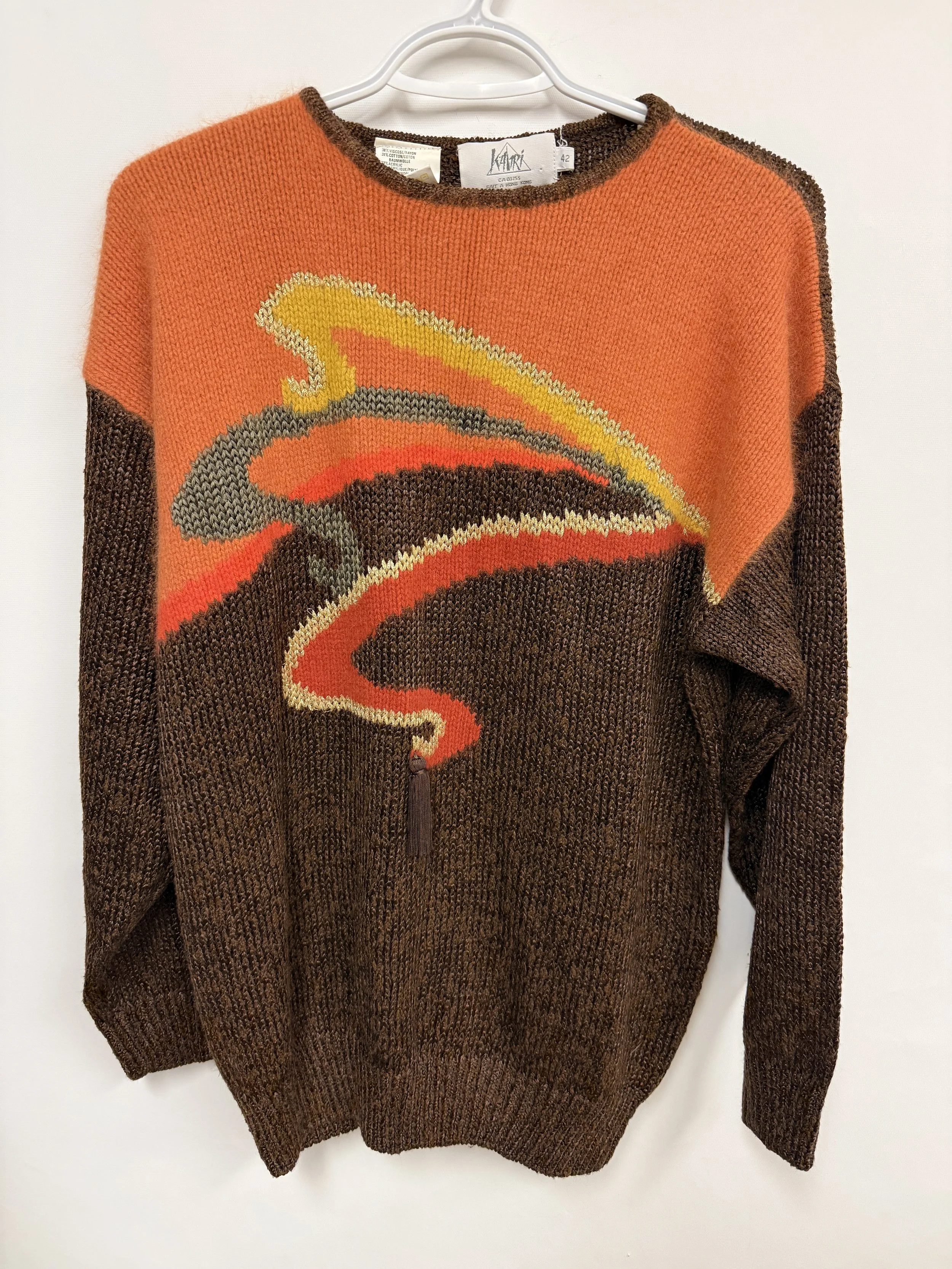 Tricot vintage années 80 brun et orange brûlé à épaules tombantes, motif ondulant doré, taille 42