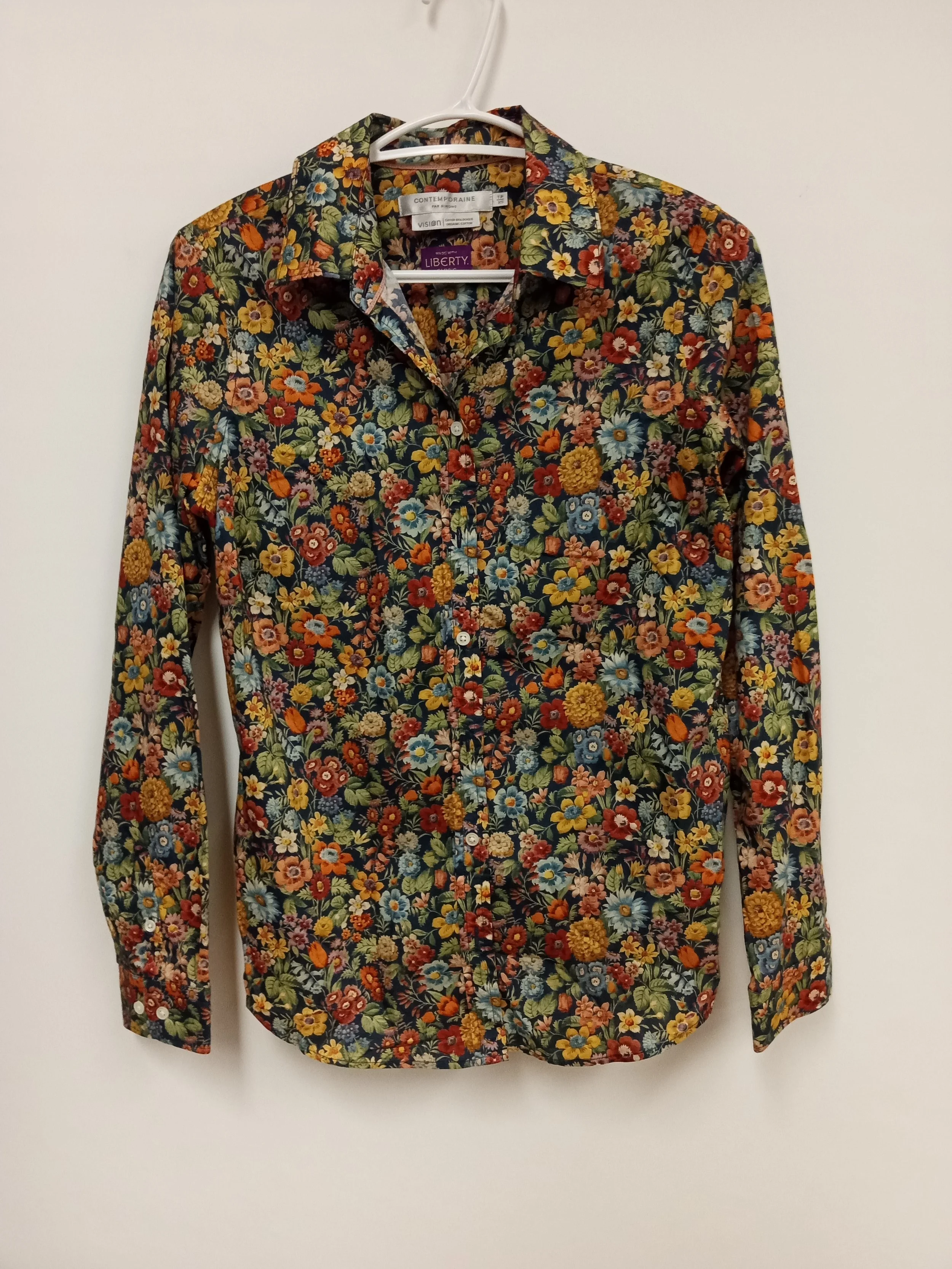 Chemisier (coton organique), Motifs multicolores de fleurs sur fond marine, CONTEMPORAINE par Simons, XS