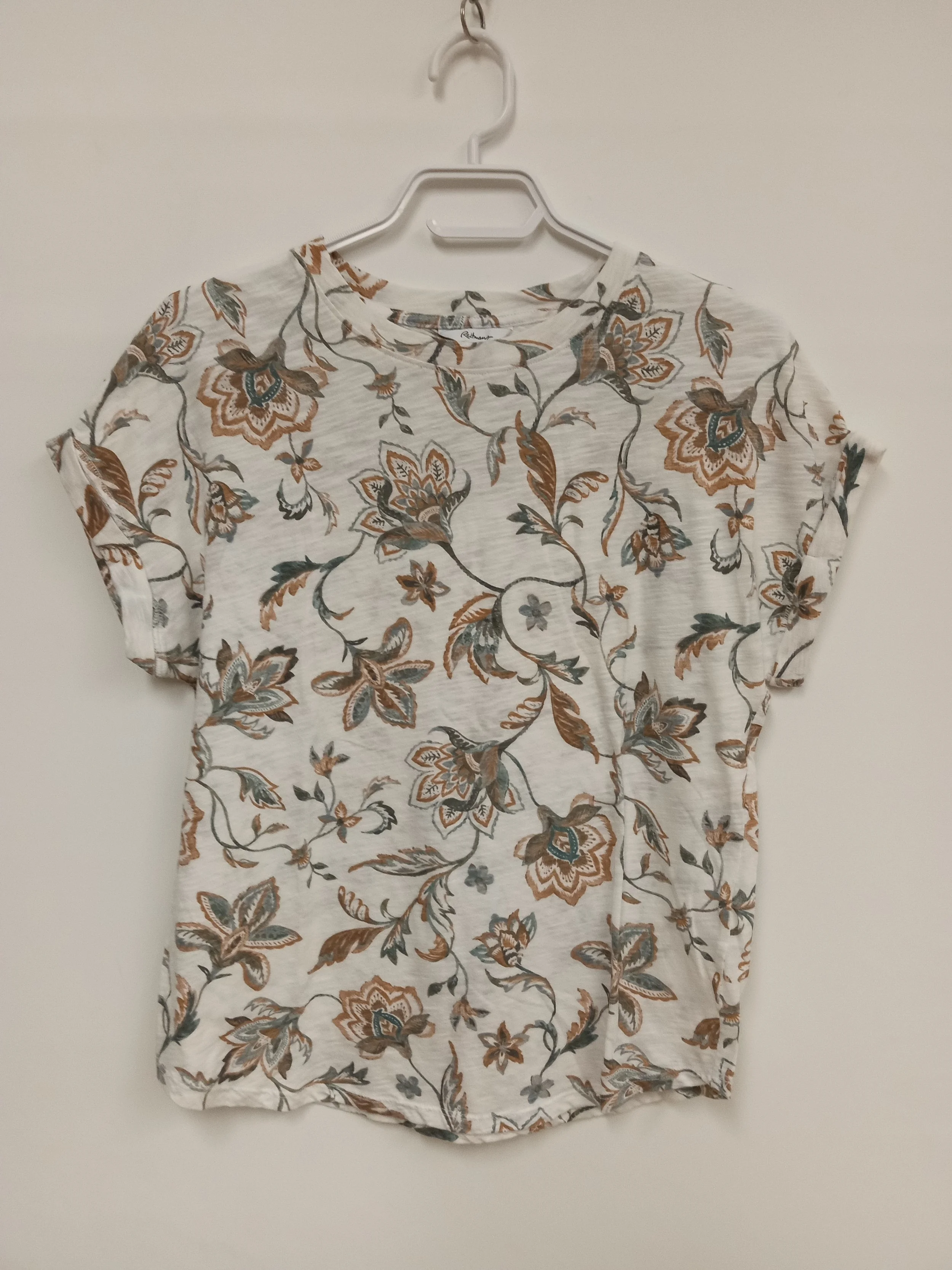 Haut manches courtes (Coton/Polyester), Blanc avec motifs fleurs bleu-gris et bruns, REITMANS, XS