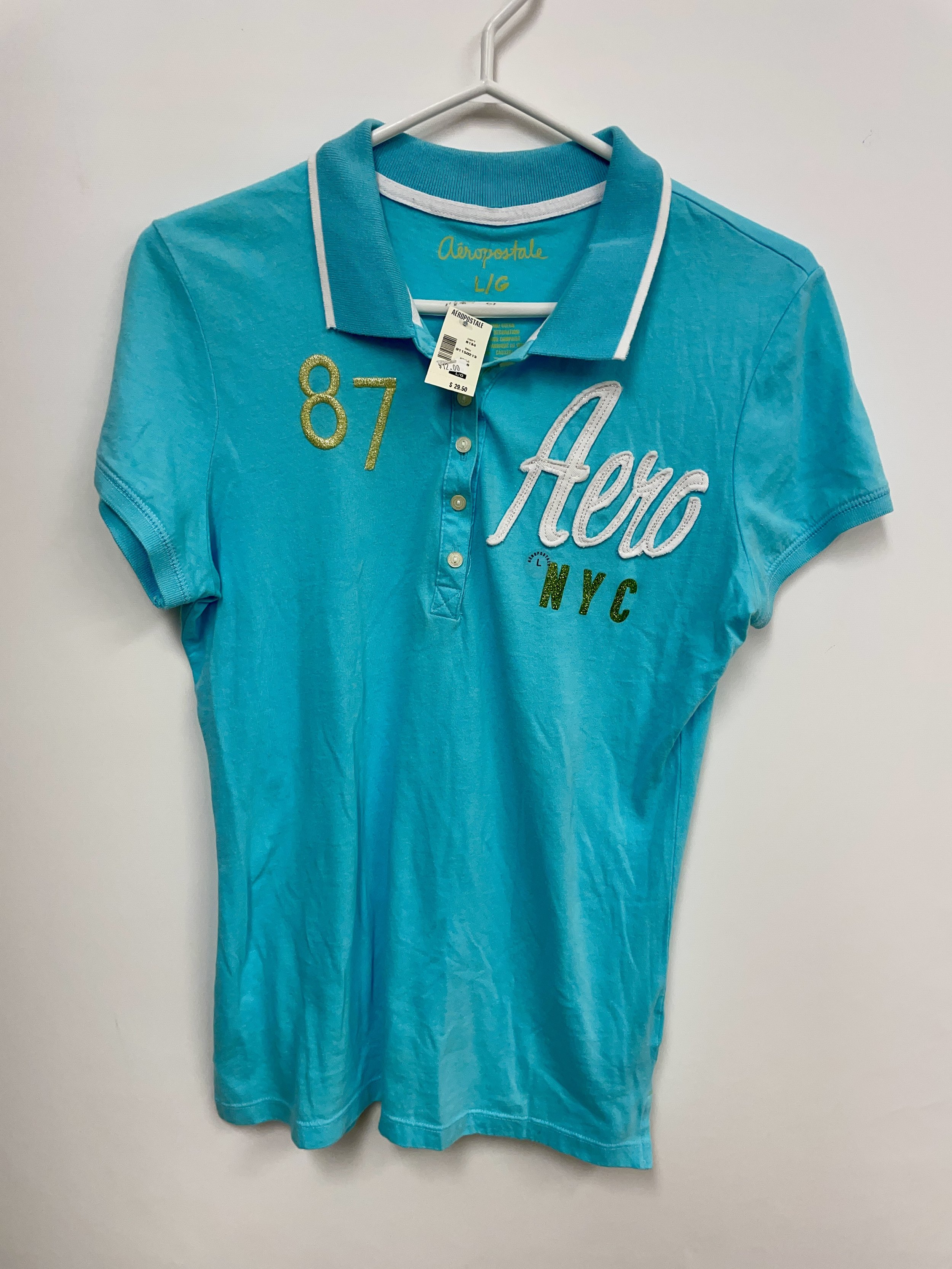 NEUF, polo bleu pâle, AÉROPOSTALE, 100% coton, valeur 30$, L,