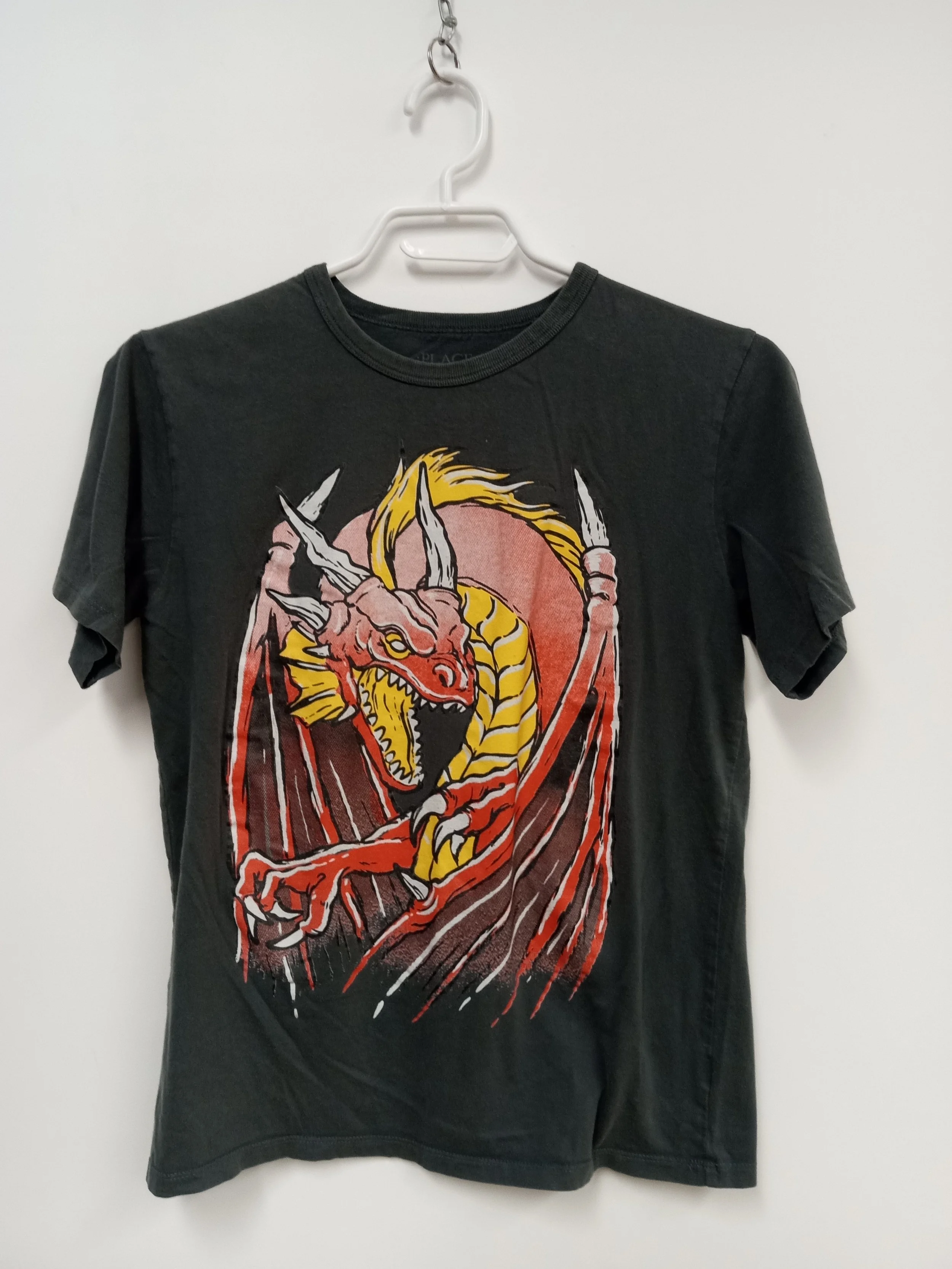 T-Shirt (100% coton), Gris charcoal avec logo de dragon, PLACE, Taille 14