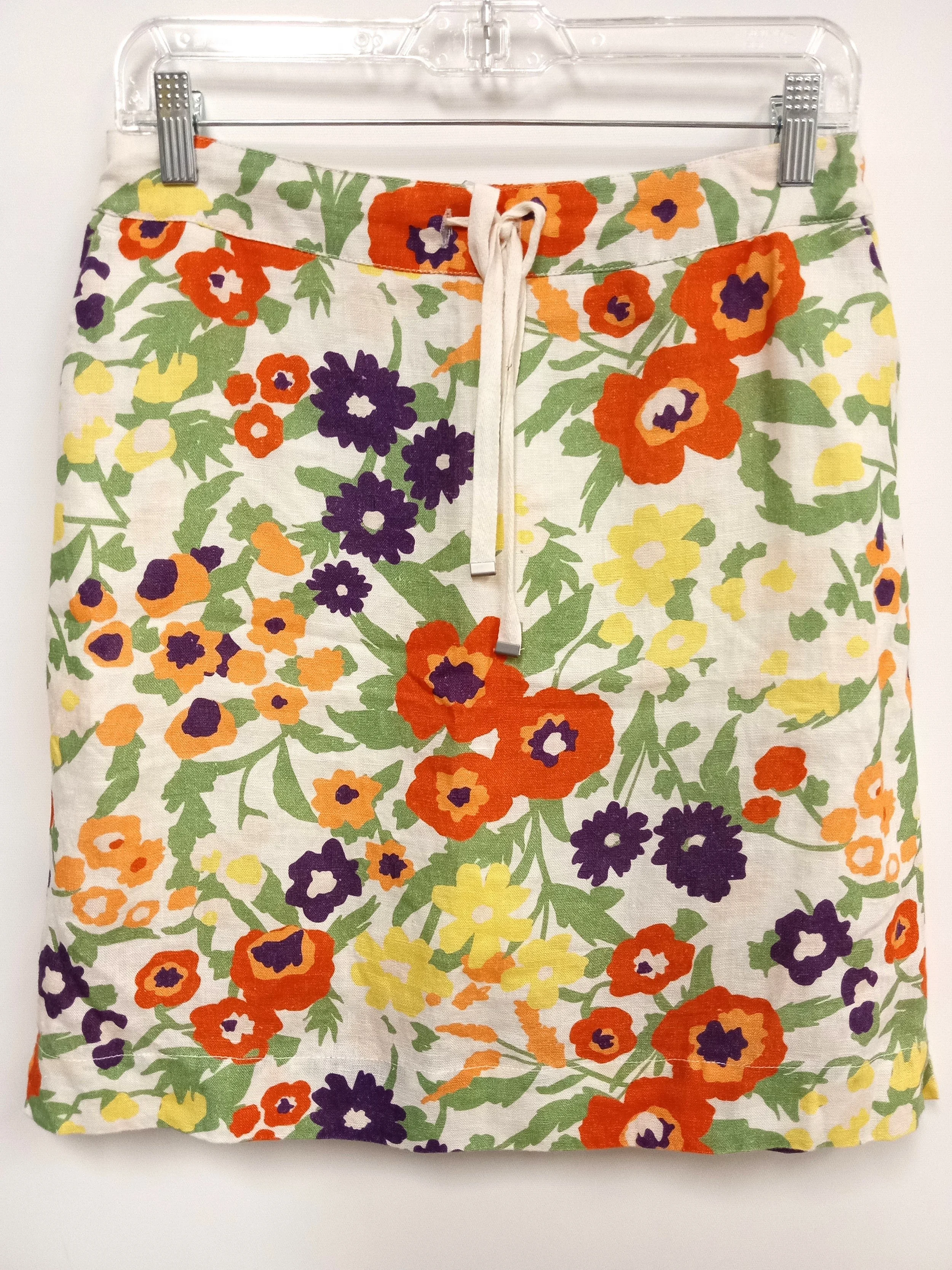 Jupe blanche avec fleurs multicolores en 100% lin, Contemporaine, 6 (S)