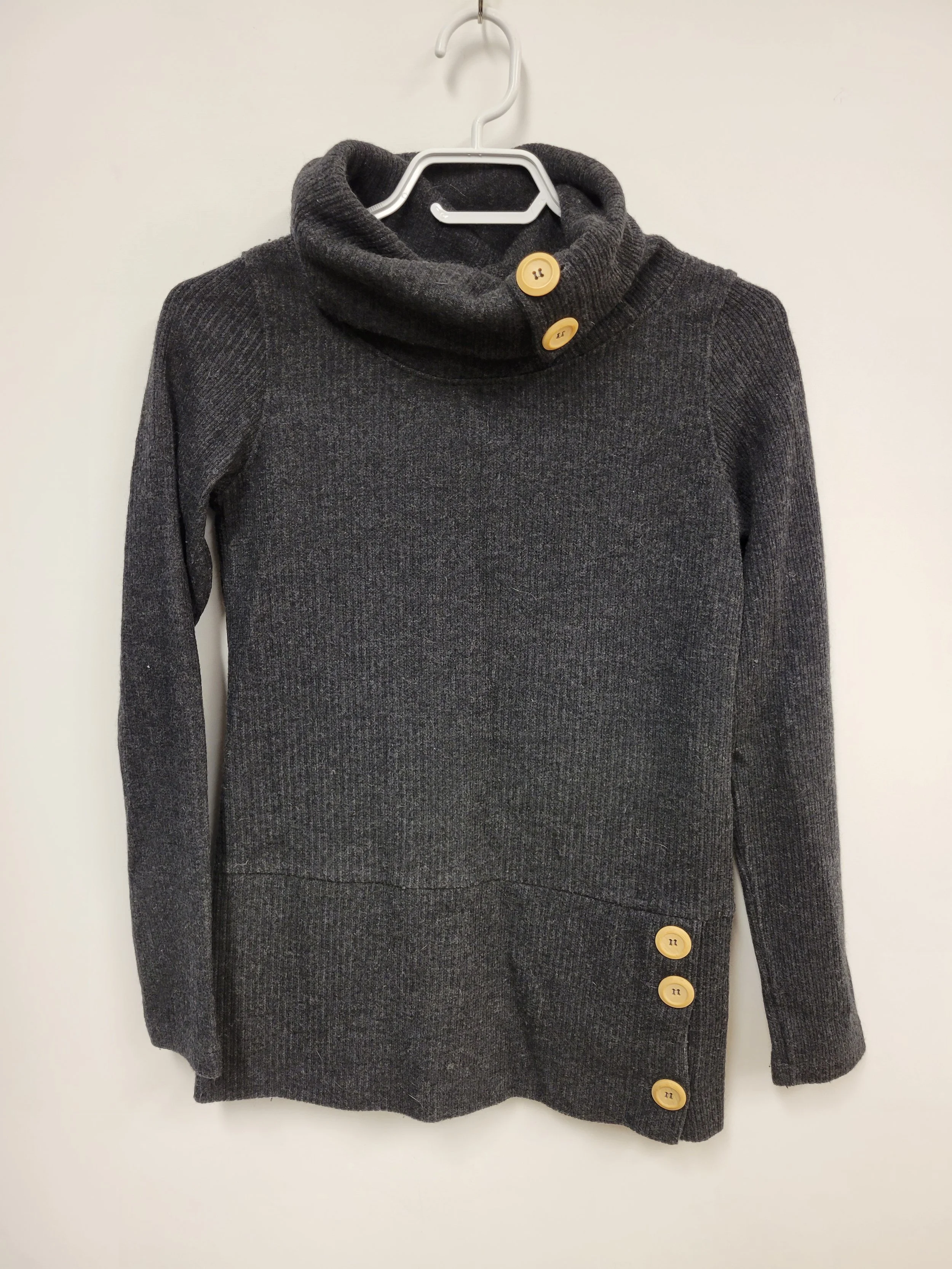 Tricot gris foncé, col roulé, 40% laine, Message Factory, fait au Canada, XS