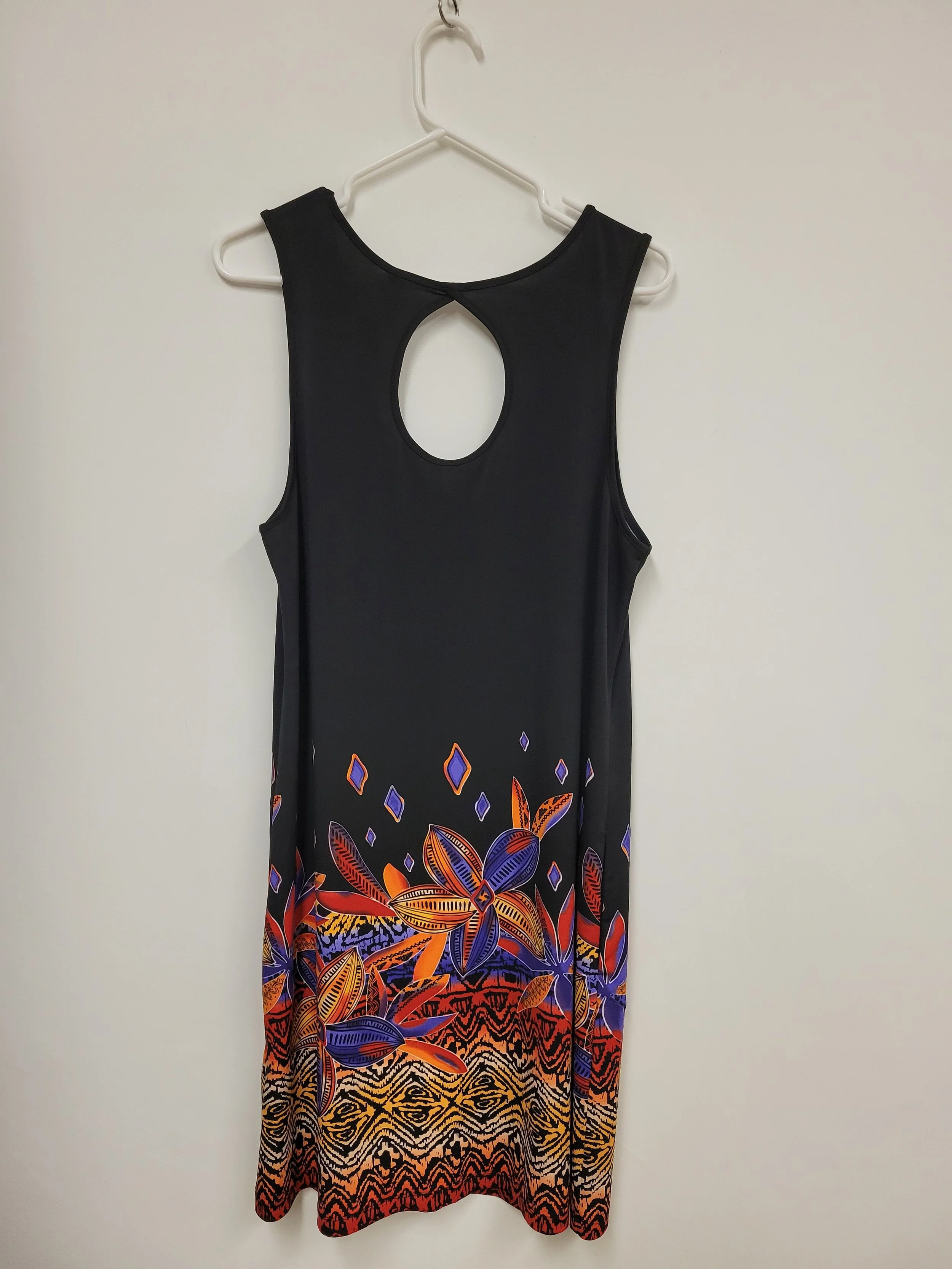 Robe noire avec motifs colorés (mauve, rouge, orangé), Polyester-spandex, SIMON CHANG, L