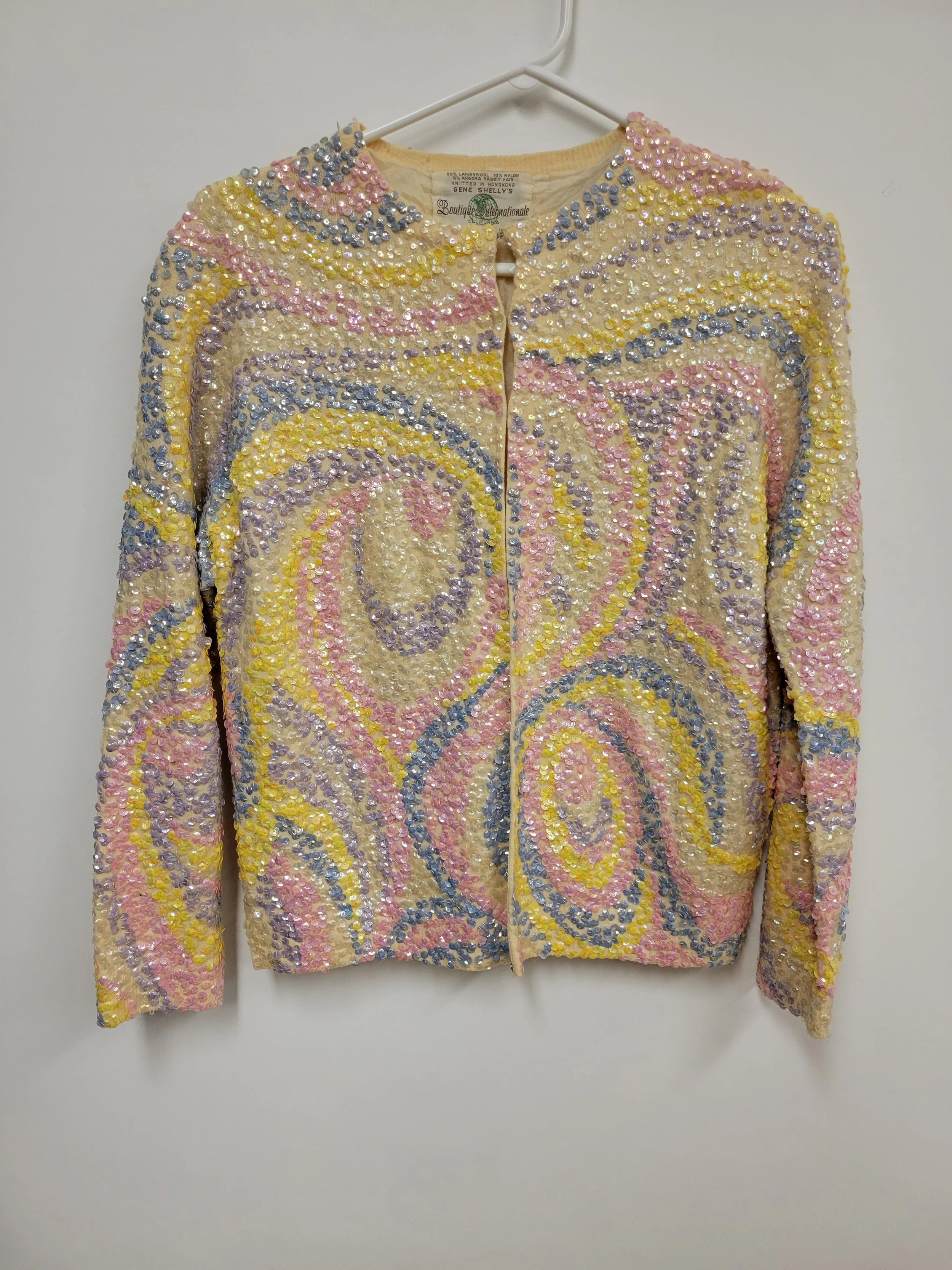 Veste doublée à paillettes couleurs pastel, 85% laine d'agneau, 5% angora, Gene Shelly's, environ S