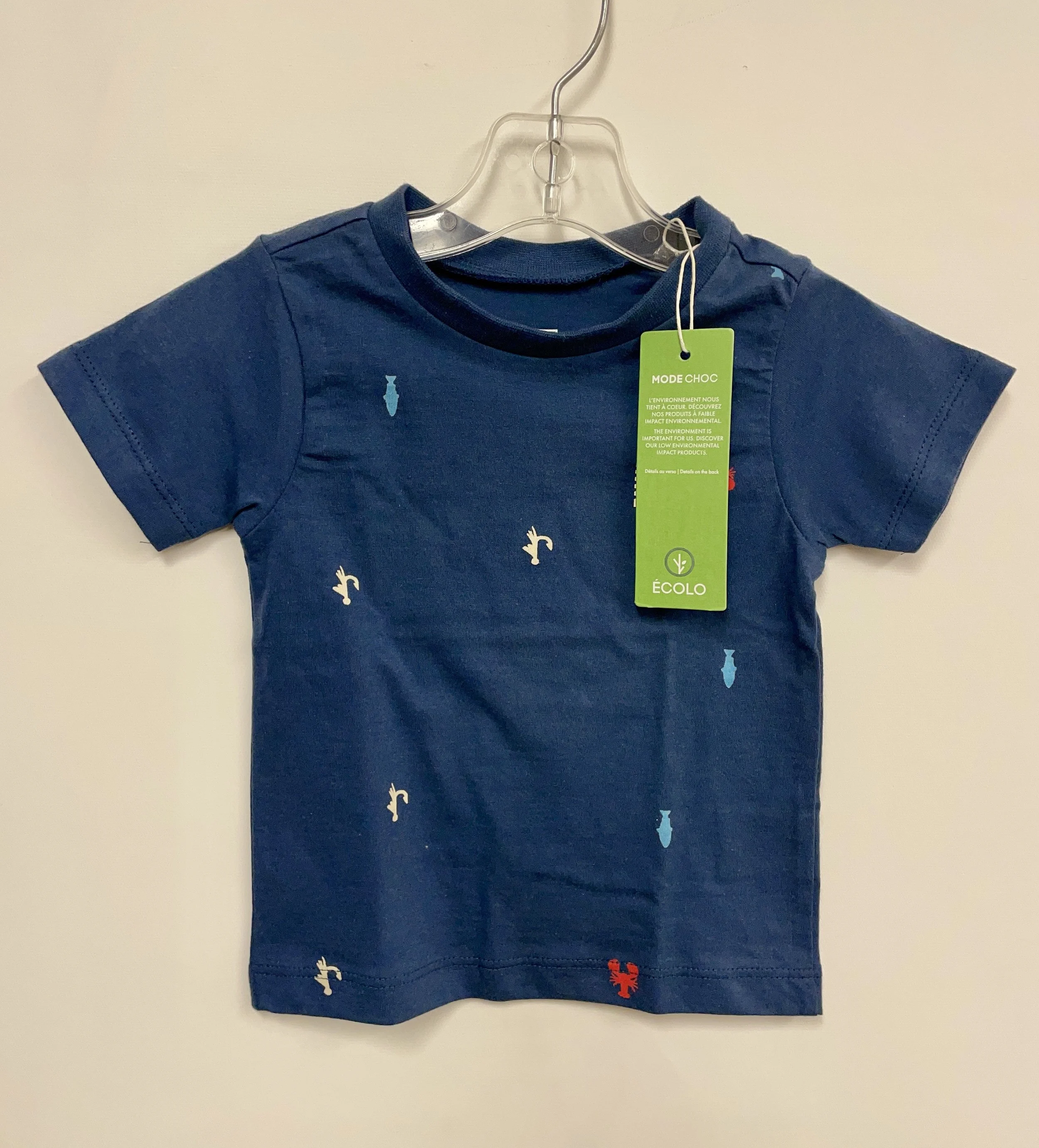 NEUF, t-shirt bleu en coton biologique, MC, 12 mois.