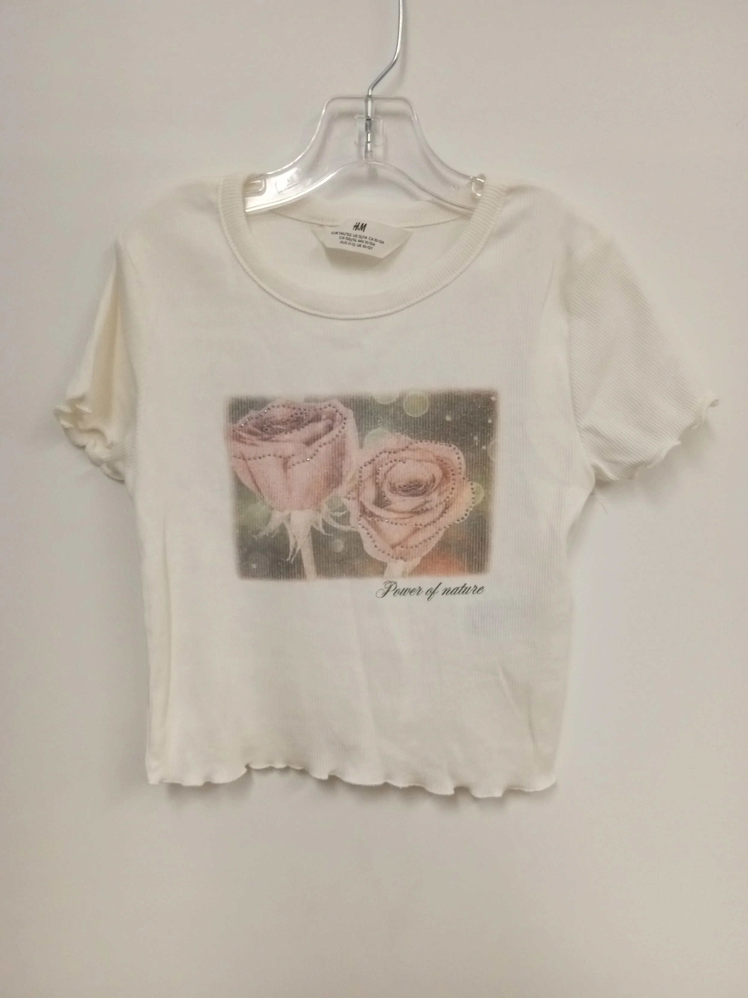 t-shirt ivoire avec roses èa brillant, h et m , taille 12-14